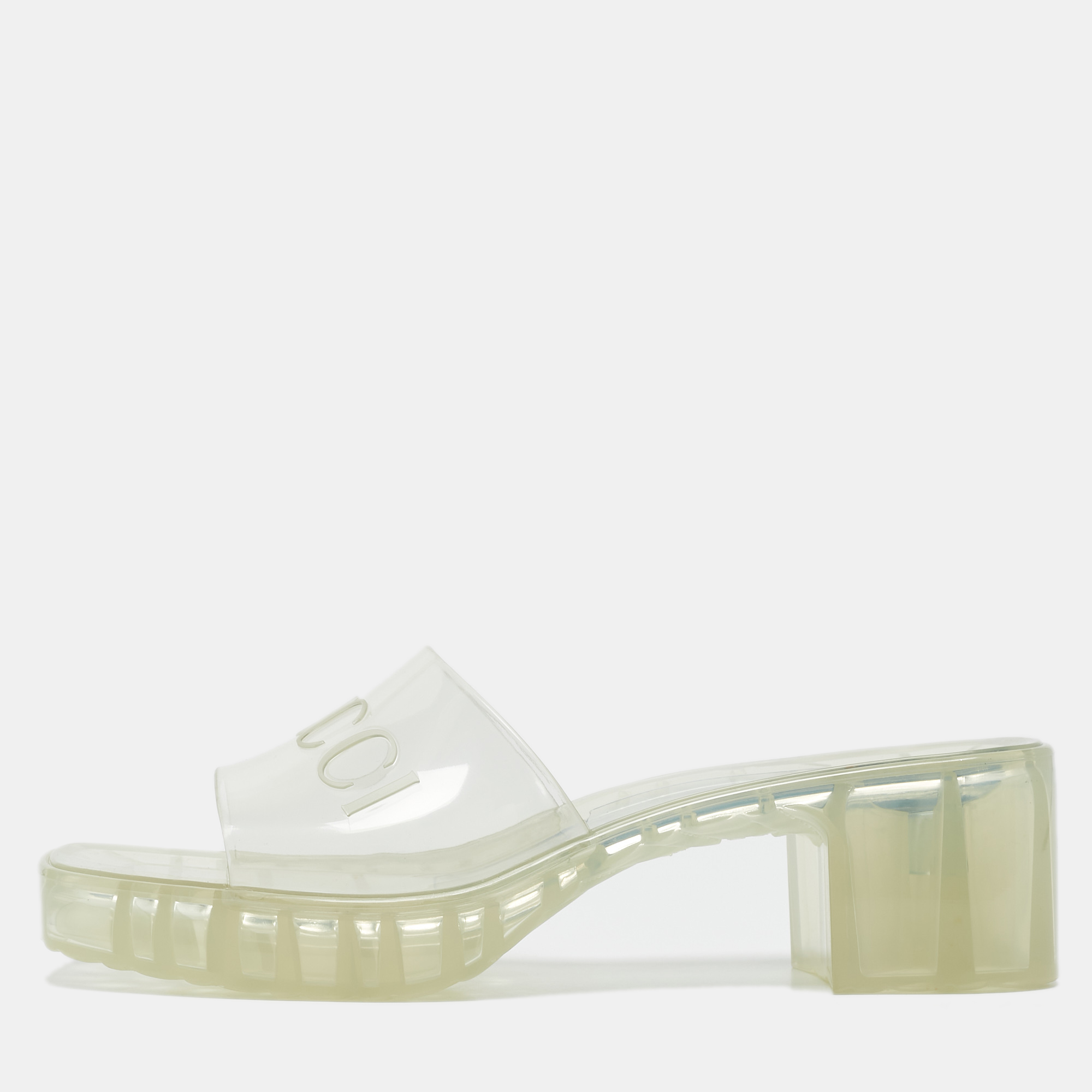 

Gucci Transparent PVC Logo Embossed Block Heel Platform Slide Sandals Size