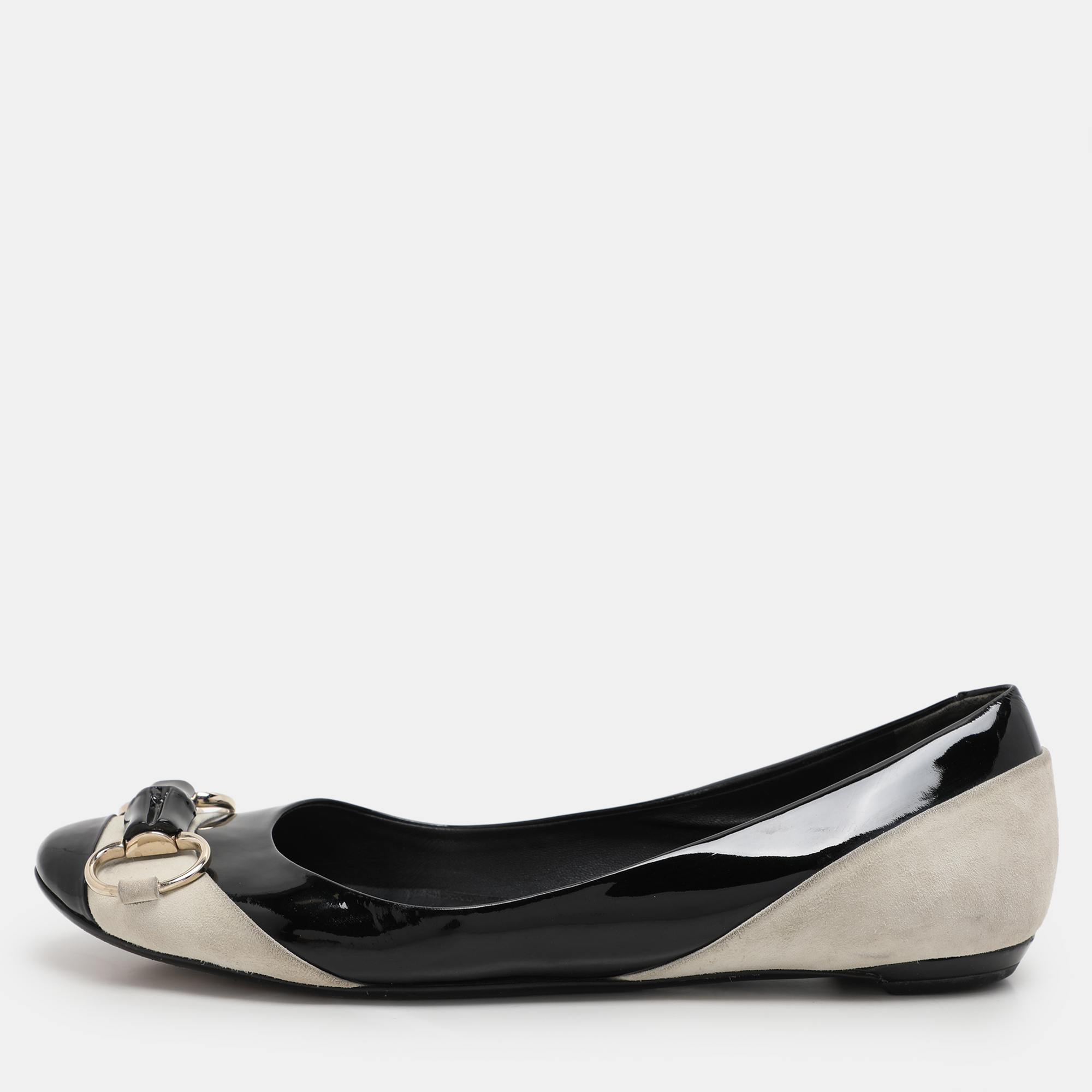 

Gucci Black/Grey Patent Leather and Suede Bamboo Horsebit Ballet Flats Size