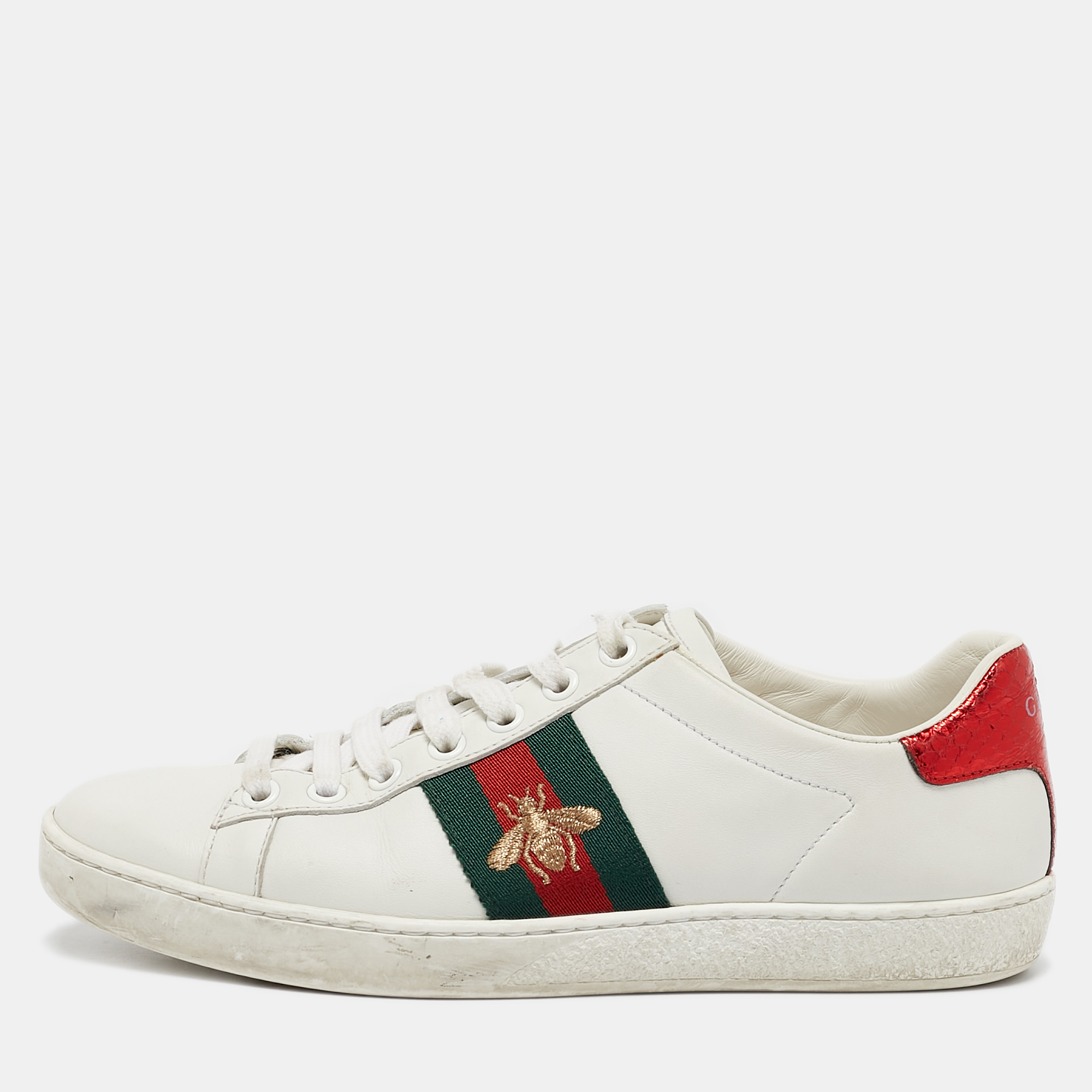 

Gucci White Leather Ace Bee Embroidered Low Top Sneakers Size