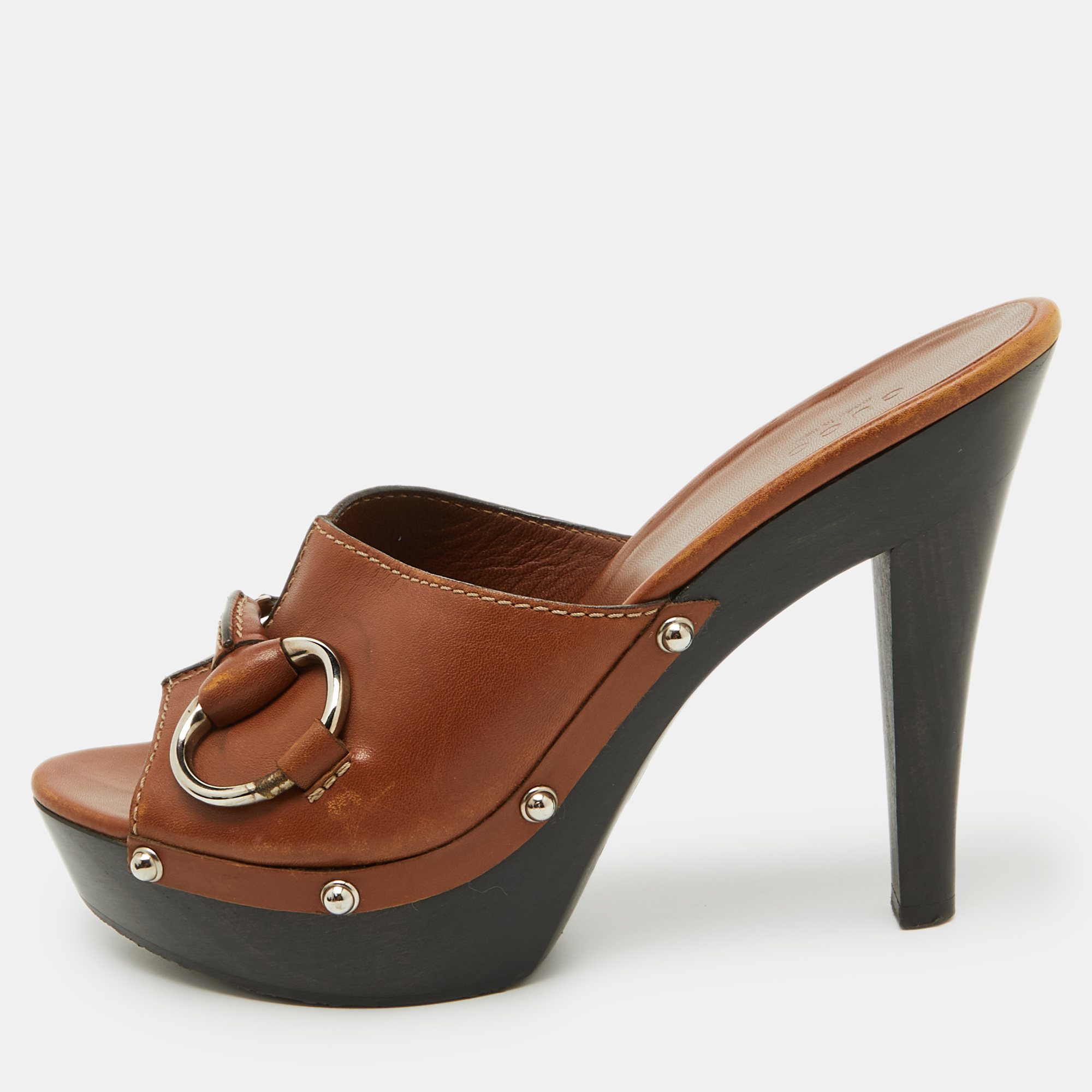 

Gucci Brown Leather Icon Bit Platform Clogs Size