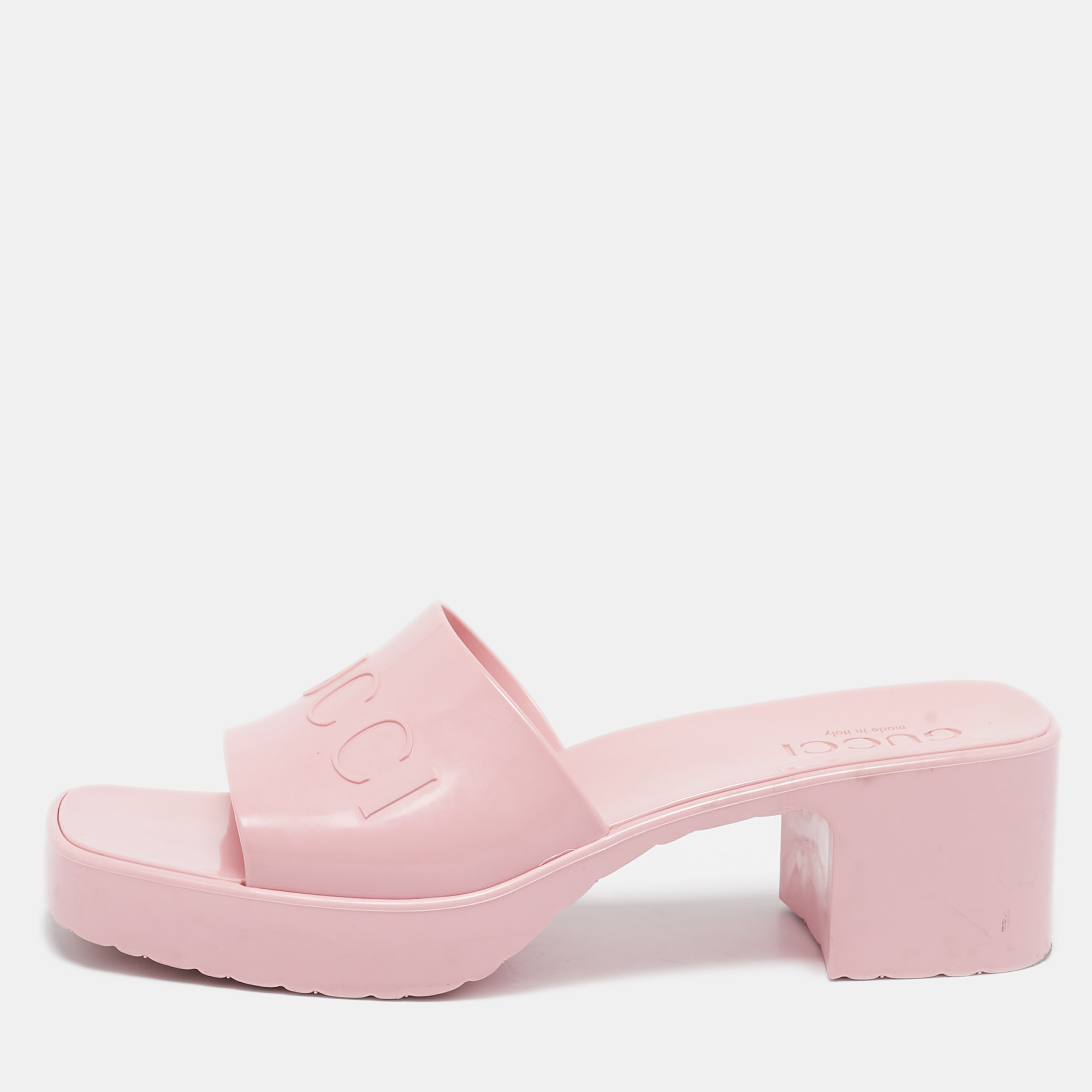 

Gucci Pink Rubber Logo Embossed Platform Slide Sandals Size