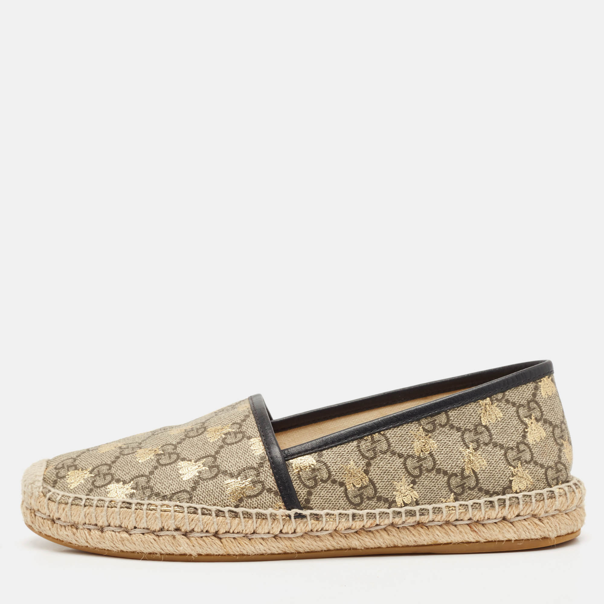 

Gucci Brown/Beige GG Supreme Canvas Printed Bee Espadrille Flats Size