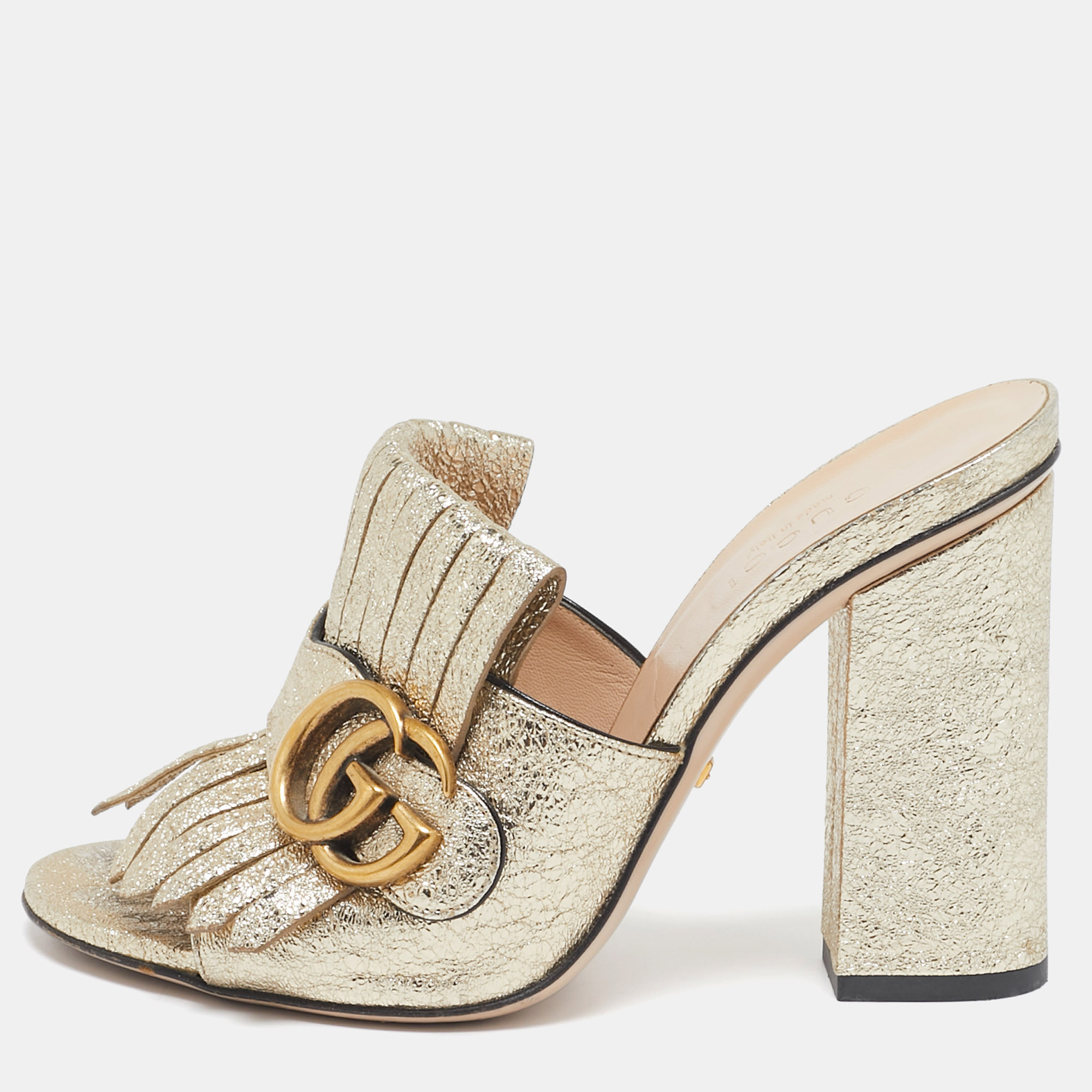 

Gucci Silver Crackle Leather GG Marmont Fringed Slide Sandals Size, Gold