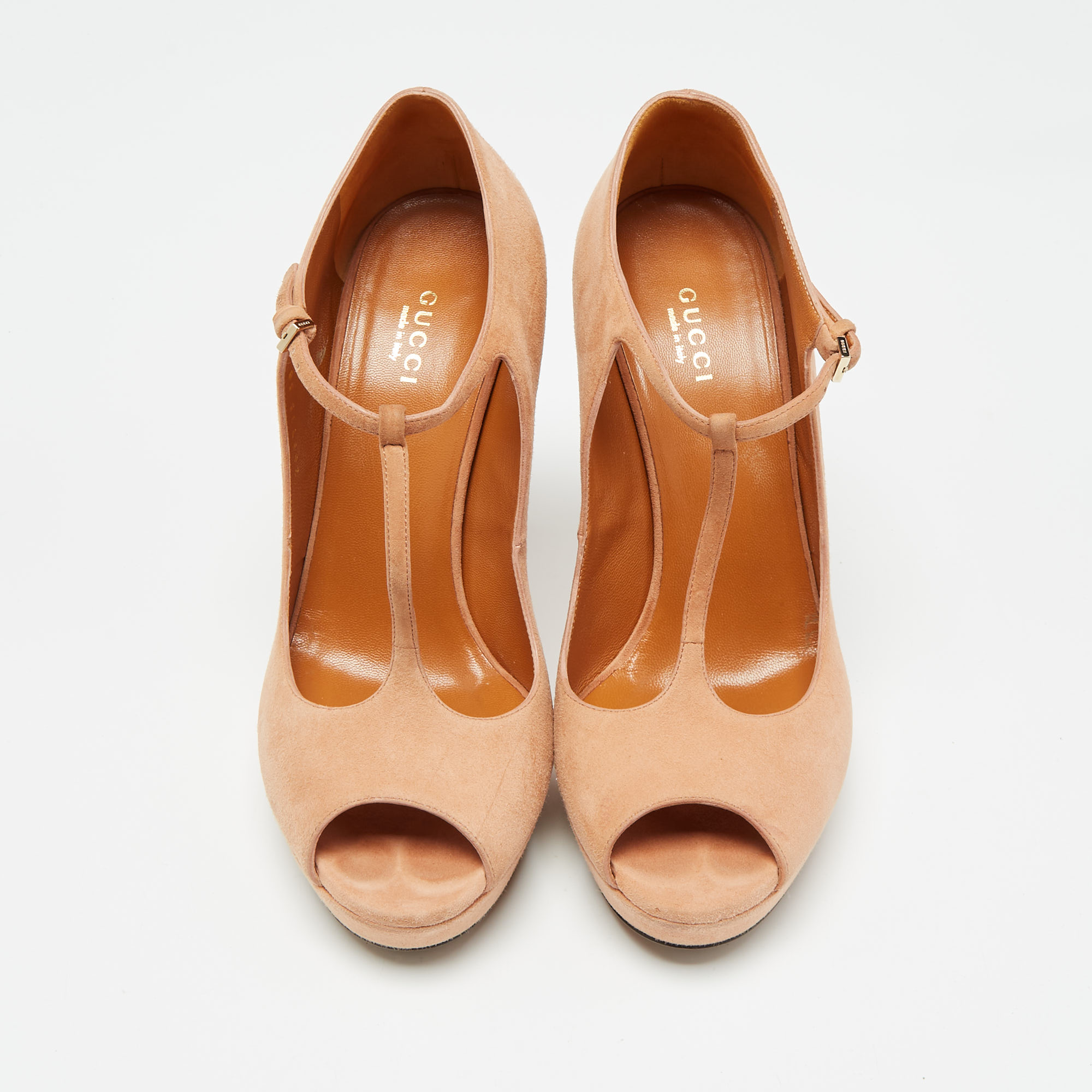 Gucci Pink Suede Peep Toe Platform T-Strap Pumps Size 38 