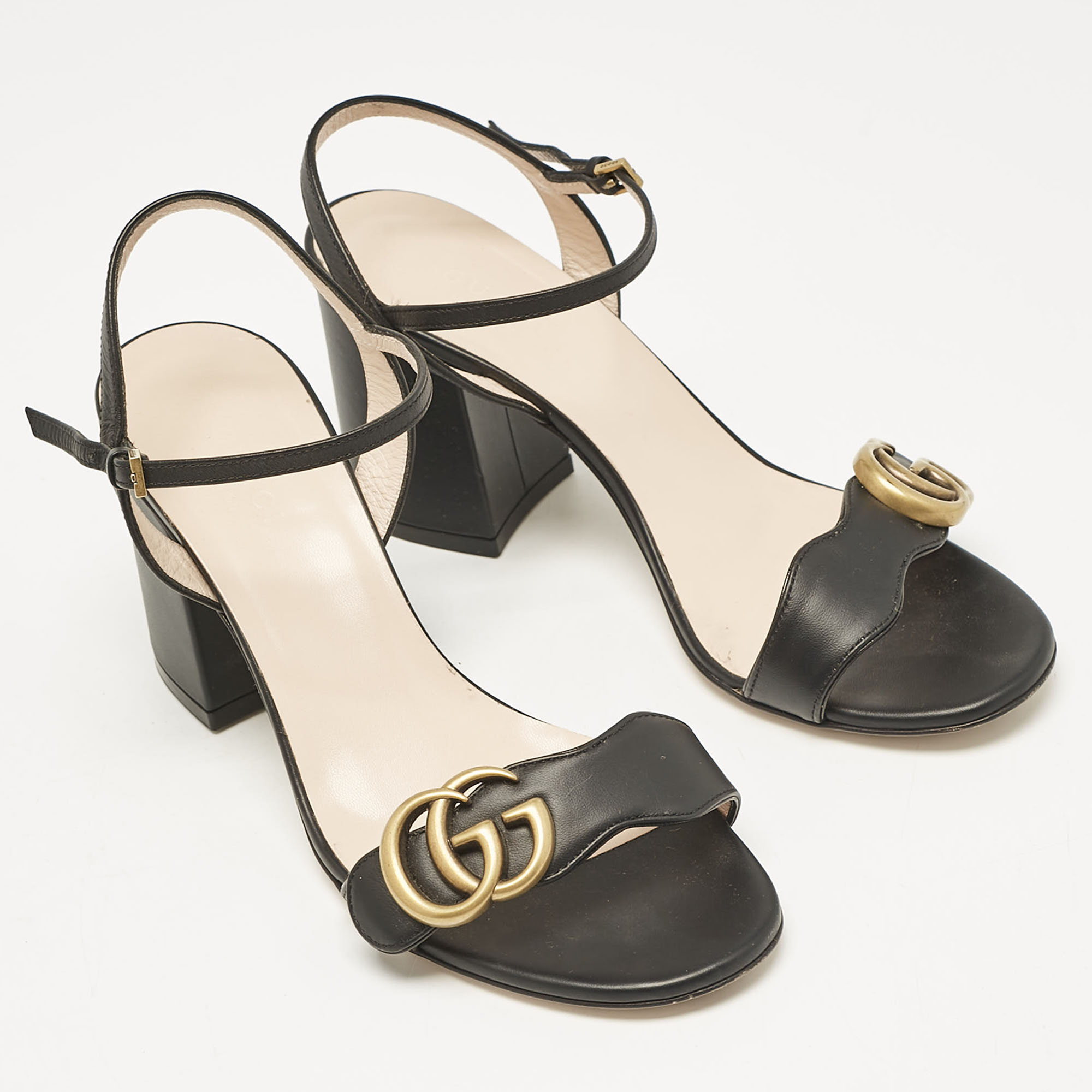 Gucci Black Leather GG Marmont Ankle Strap Sandals Size 36 