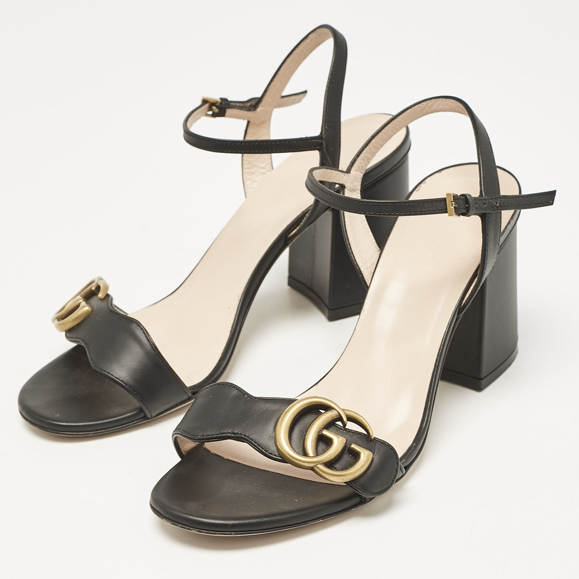 Gucci Black Leather GG Marmont Ankle Strap Sandals Size 36 