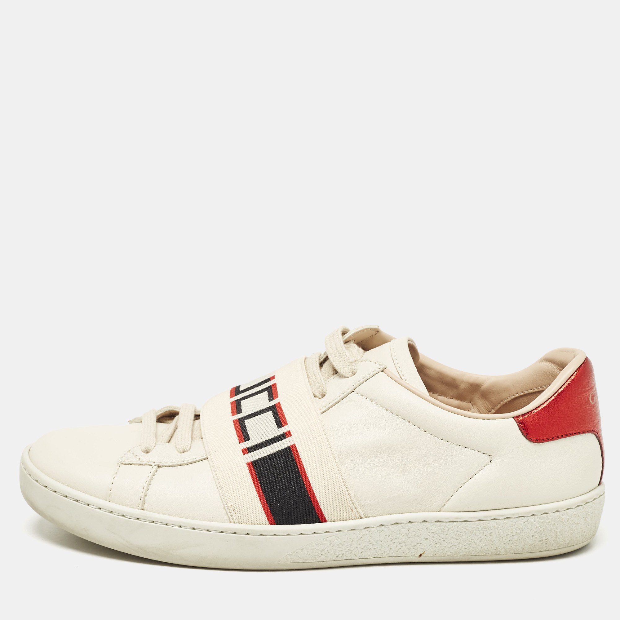 

Gucci Cream Leather Logo Band Ace Sneakers Size