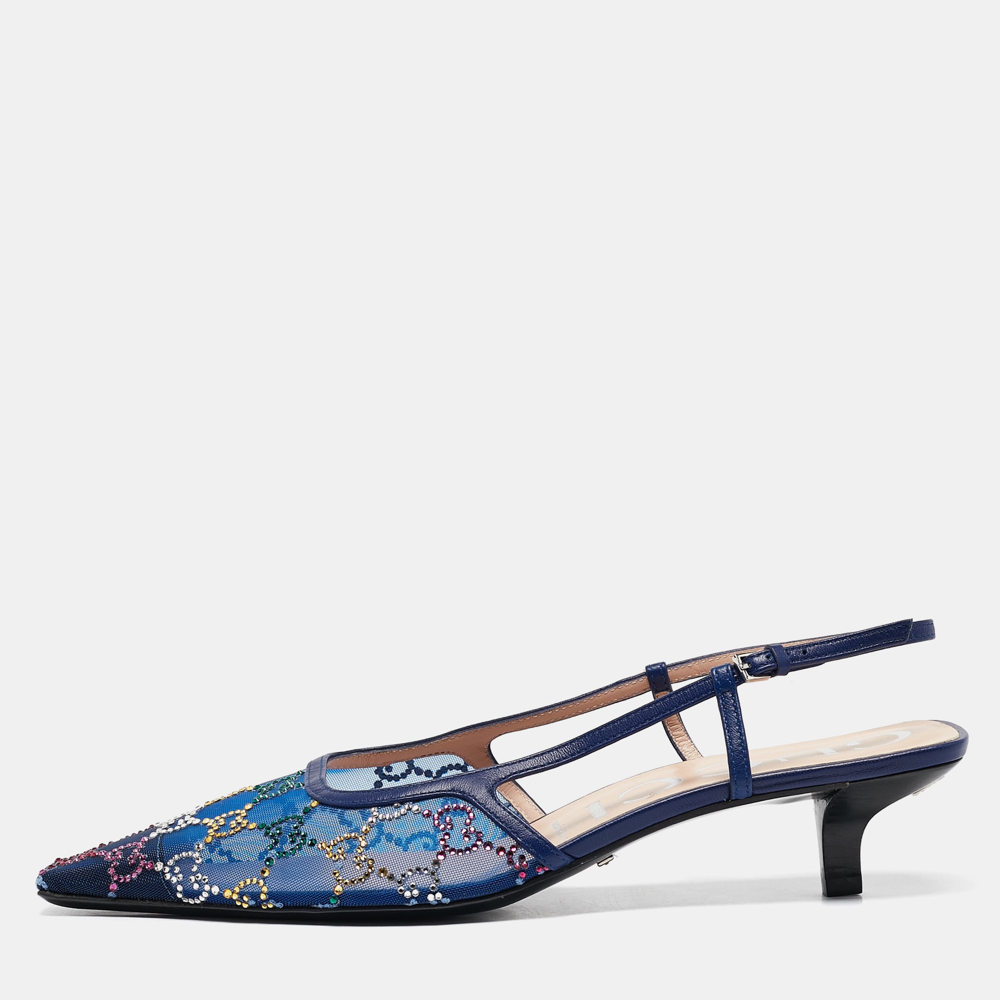 

Gucci Blue GG Embellished Mesh and Leather Slingback Pumps Size