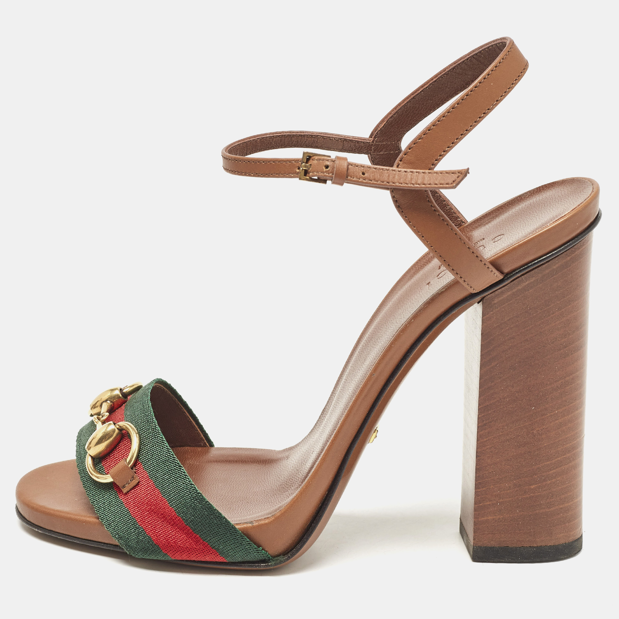 

Gucci Brown Leather Web Horsebit Ankle Strap Sandals Size