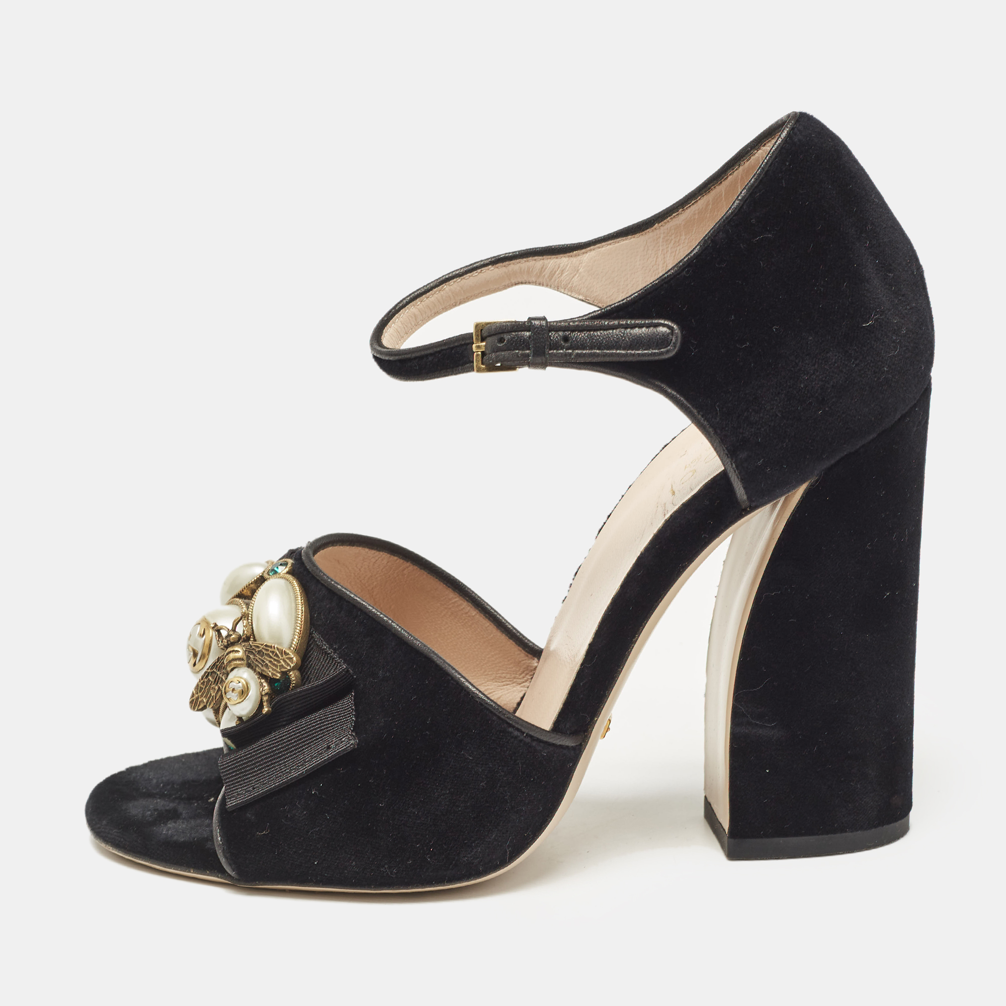 

Gucci Black Velvet Bee Pearl Ankle Strap Sandals Size