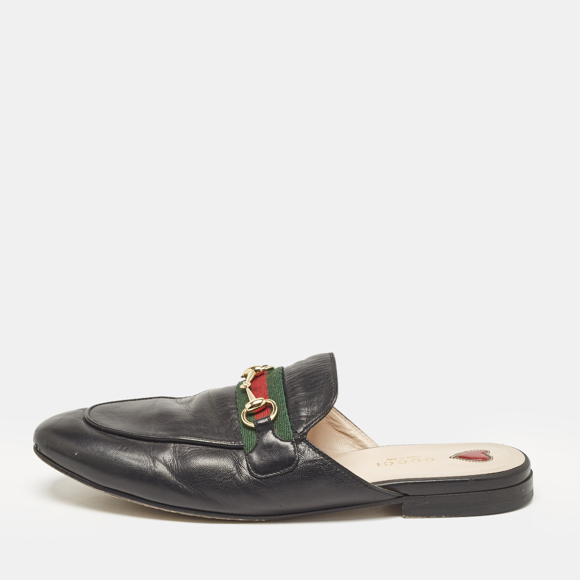 

Gucci Black Leather Princetown Web Horsebit Flat Mules Size