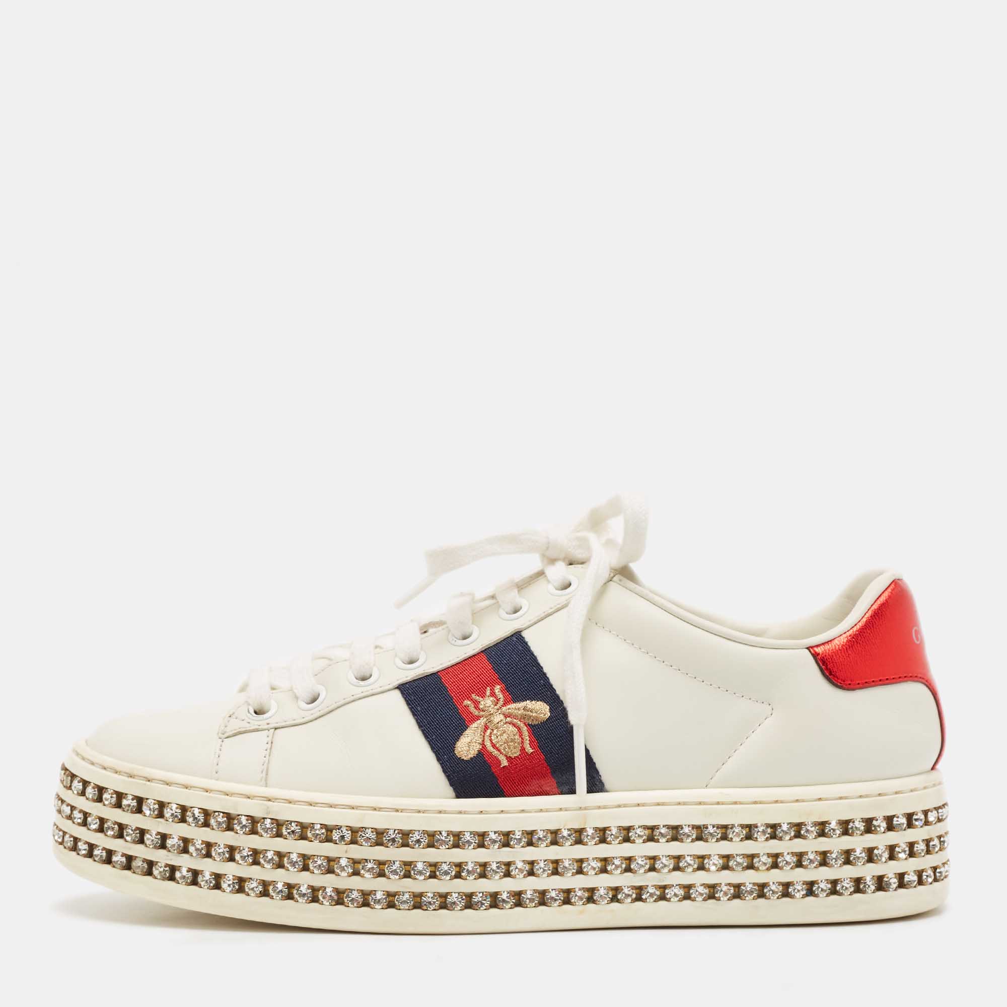 

Gucci White Leather Bee Web New Ace Crystal Embellished Platform Sneakers Size