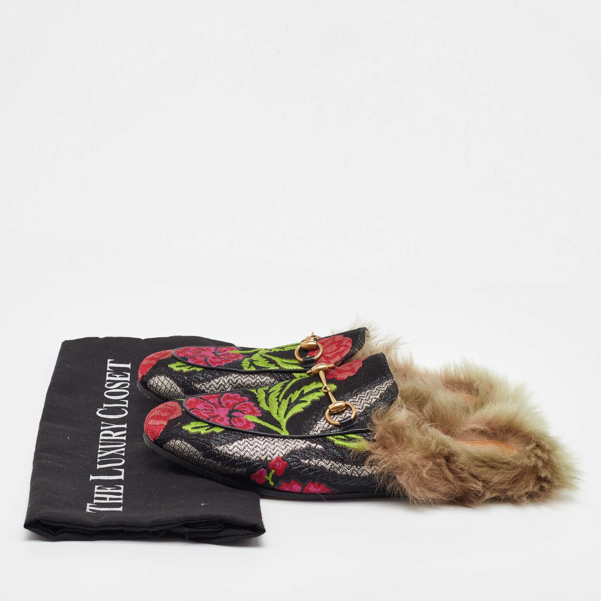 Gucci Multicolor Floral Brocade Fabric and Fur Lined Princetown Flat Mules Size 38 