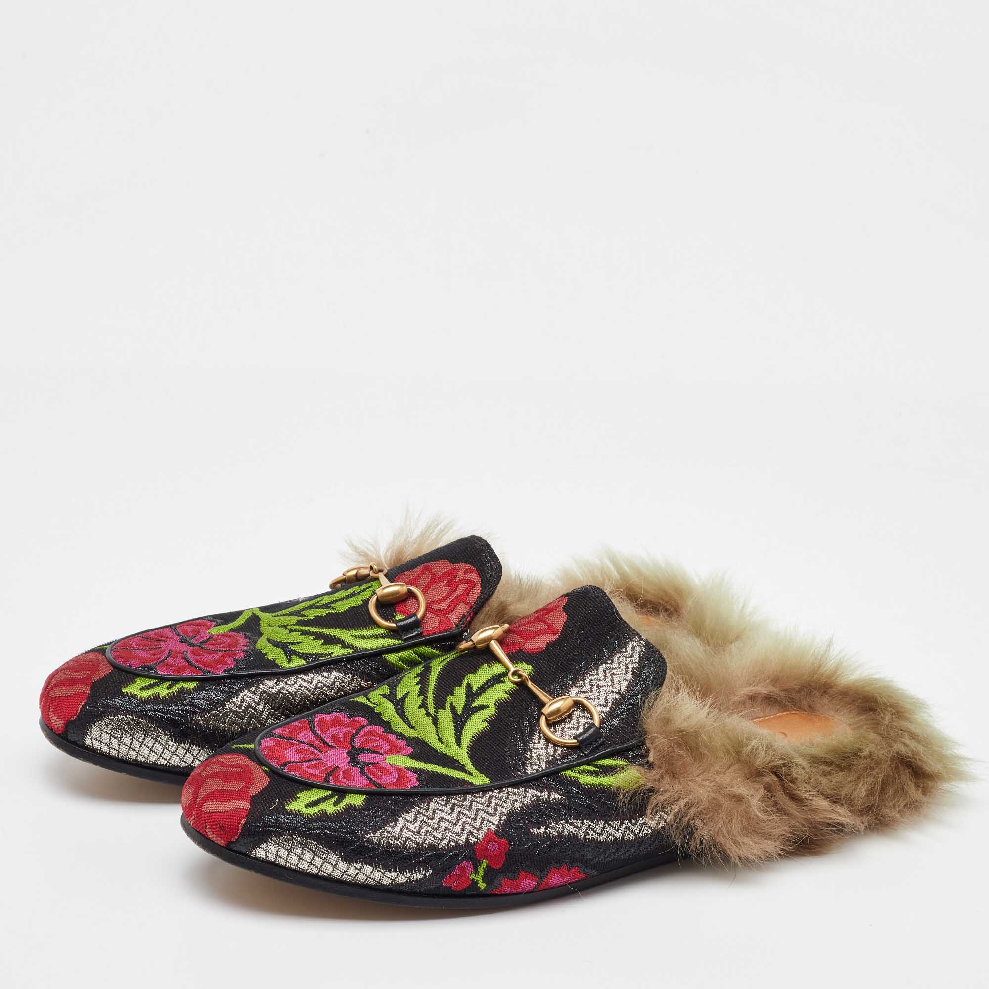 Gucci Multicolor Floral Brocade Fabric and Fur Lined Princetown Flat Mules Size 38 