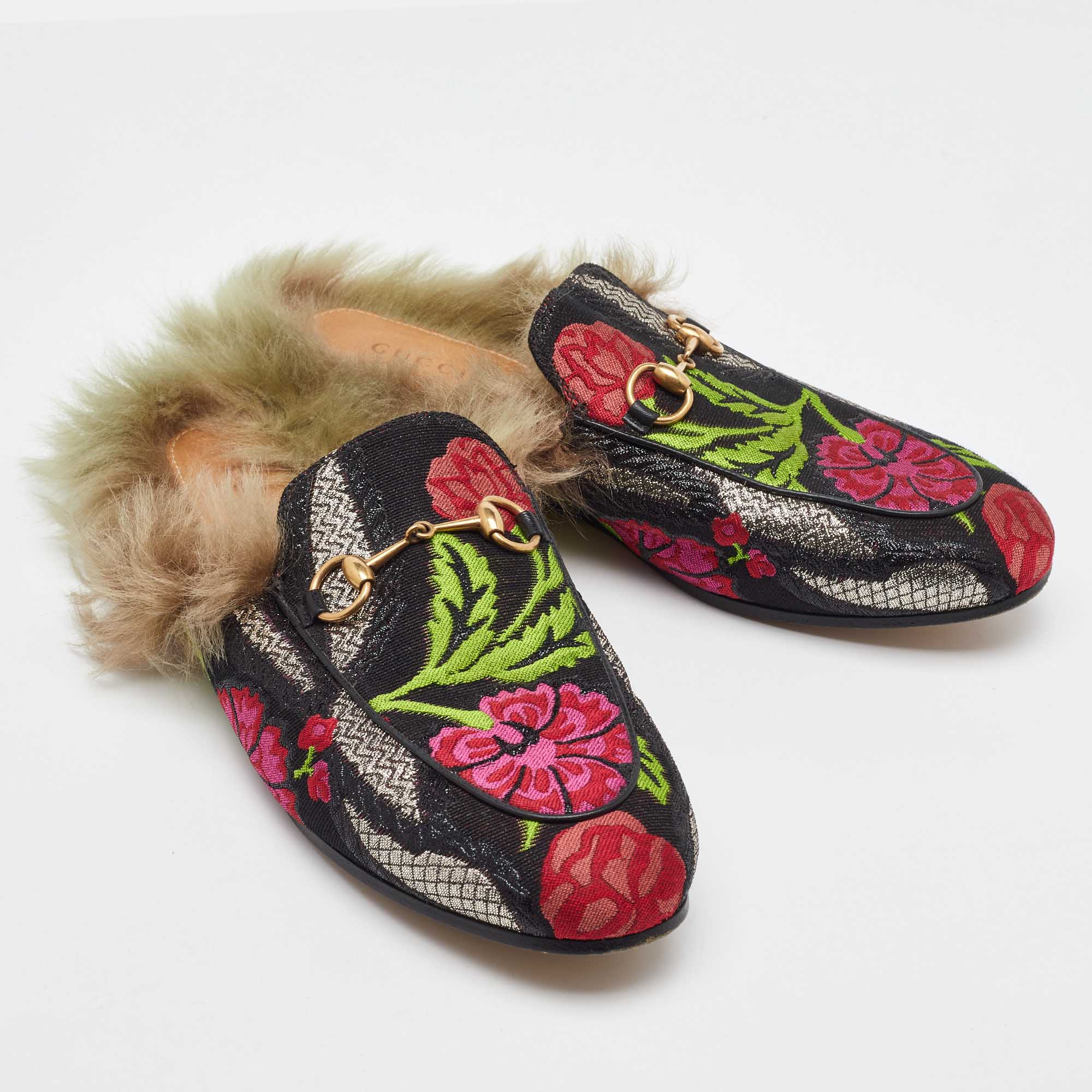 Gucci Multicolor Floral Brocade Fabric and Fur Lined Princetown Flat Mules Size 38 