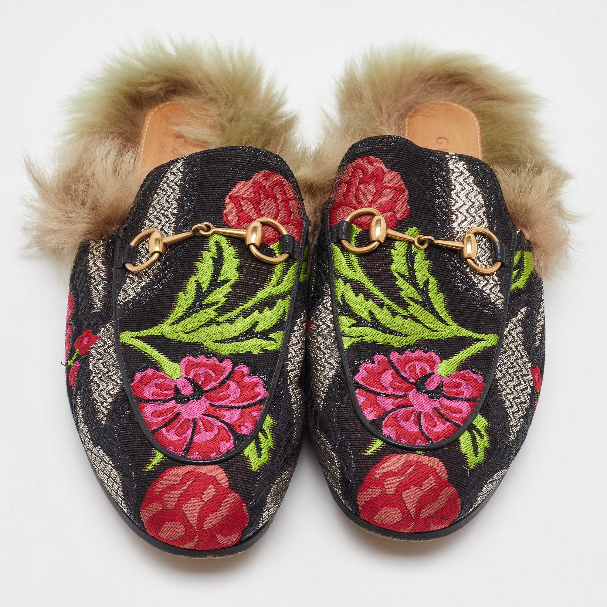 Gucci Multicolor Floral Brocade Fabric and Fur Lined Princetown Flat Mules Size 38 