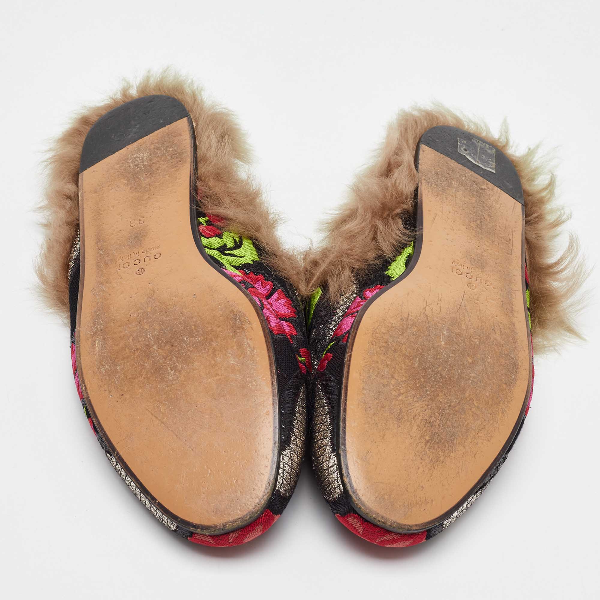 Gucci Multicolor Floral Brocade Fabric and Fur Lined Princetown Flat Mules Size 38 