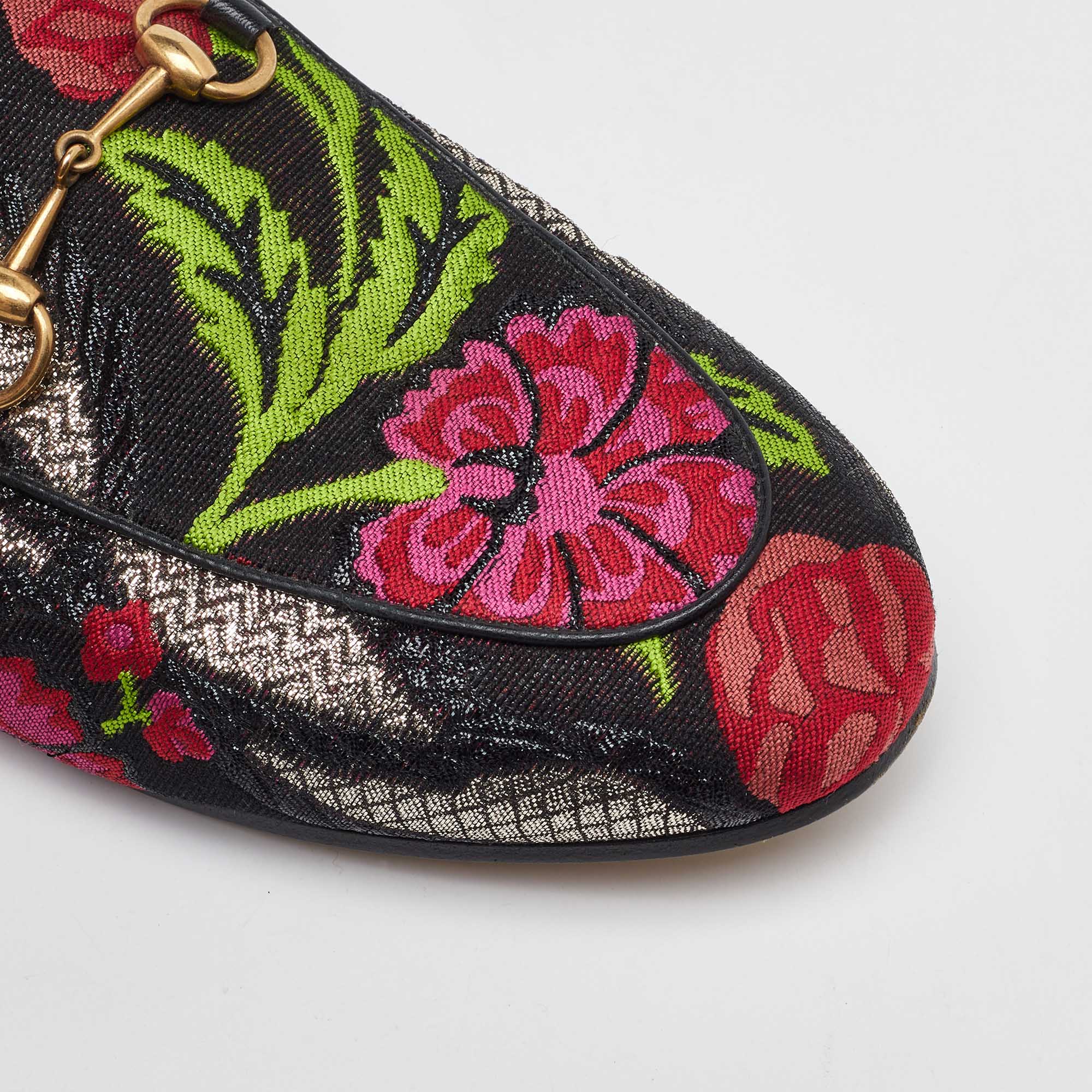 Gucci Multicolor Floral Brocade Fabric and Fur Lined Princetown Flat Mules Size 38 