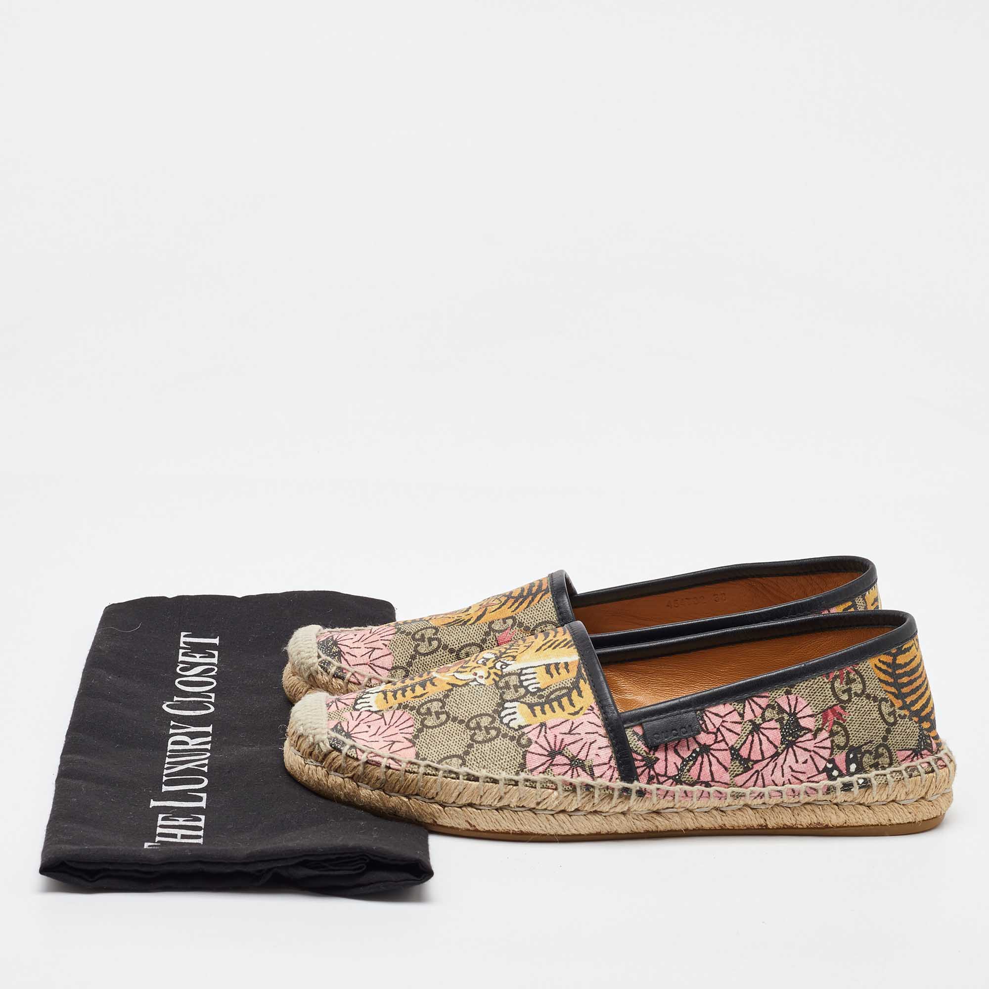 Gucci Multicolor Bengal Tiger Print GG Supreme Canvas Pilar Espadrille Flats Size 38 