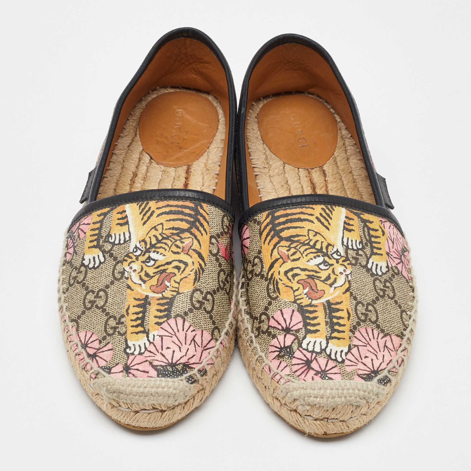 Gucci Multicolor Bengal Tiger Print GG Supreme Canvas Pilar Espadrille Flats Size 38 