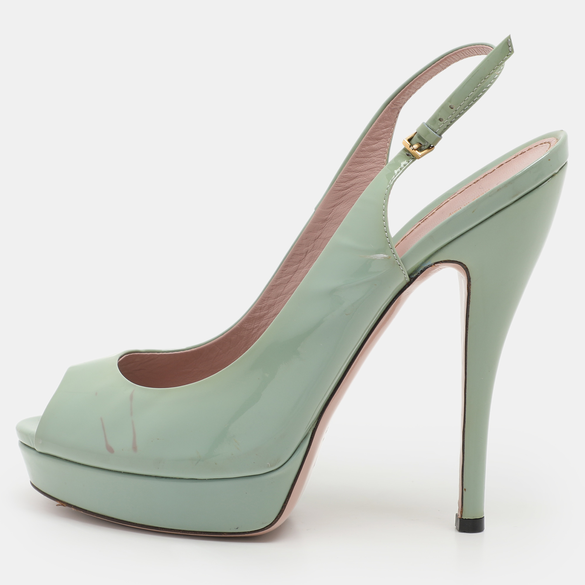 

Gucci Green Patent Leather Peep-Toe Platform Slingback Pumps Size 39