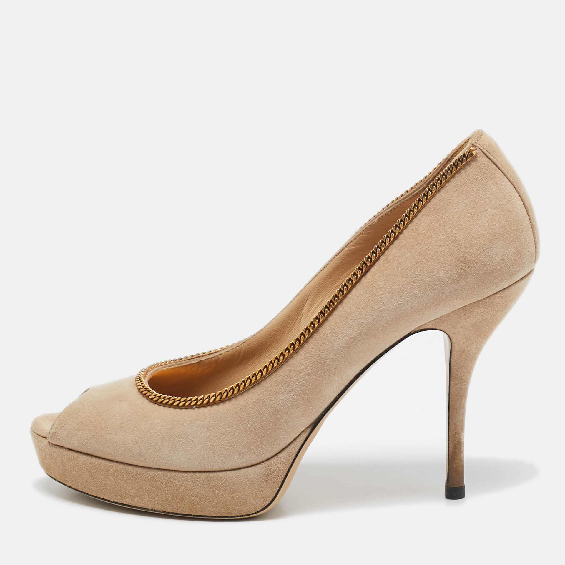 

Gucci Beige Suede Chain Peep Toe Platform Pumps Size