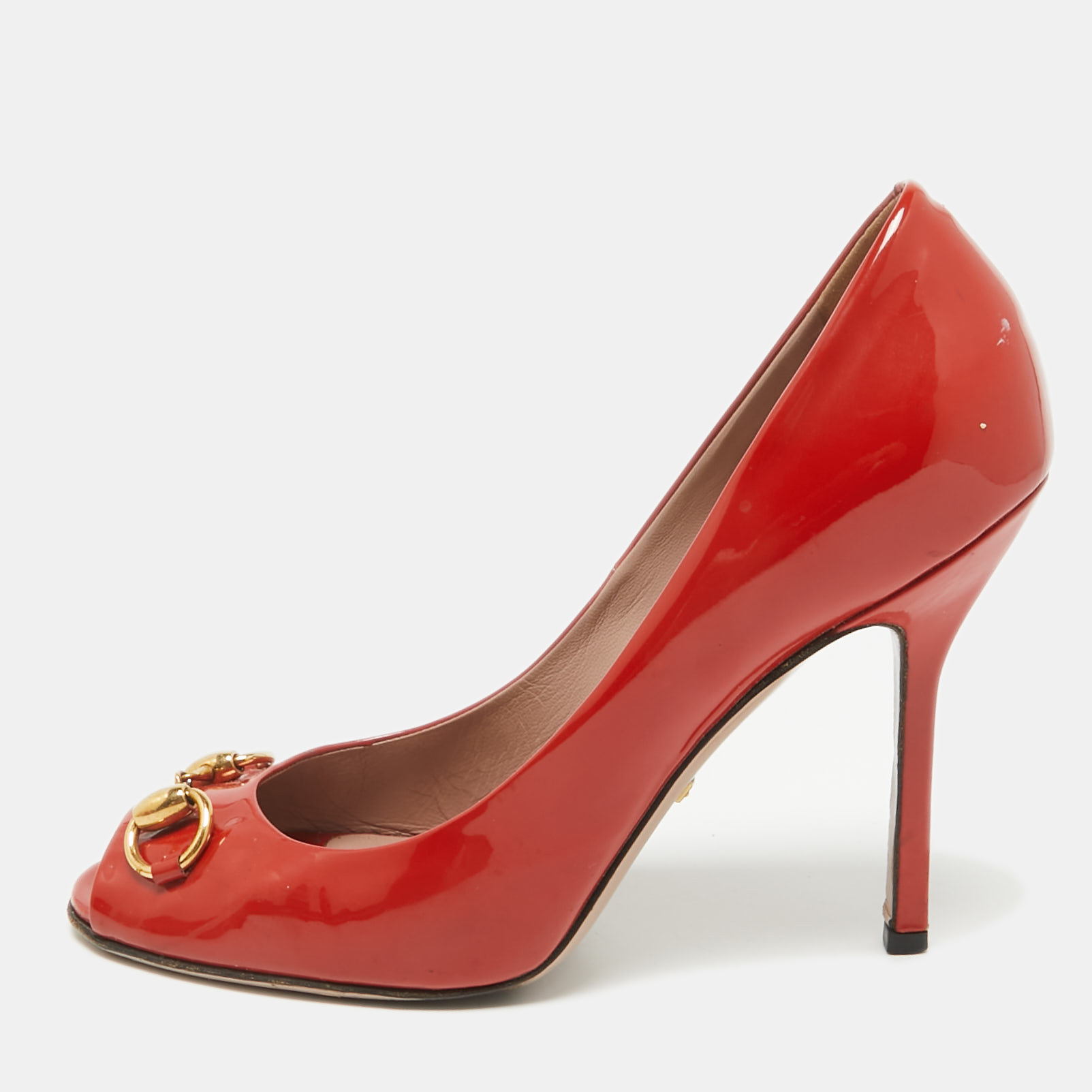 

Gucci Red Patent Leather Jolene Peep Toe Pumps Size