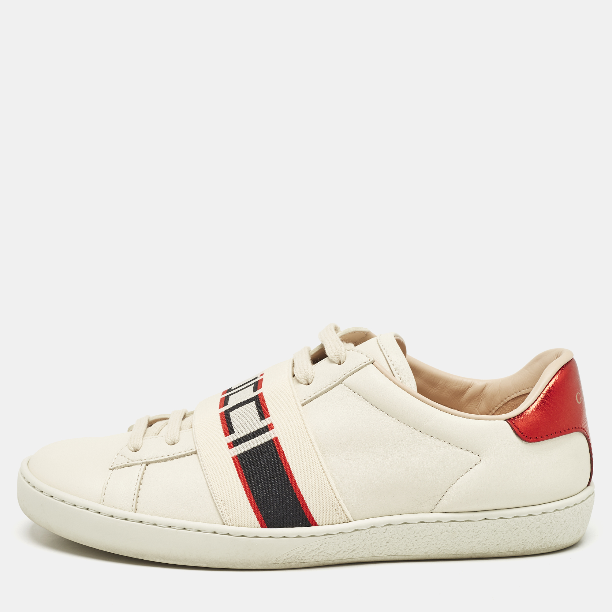 

Gucci Off White/Red Leather Ace Stripe Sneakers Size, Cream