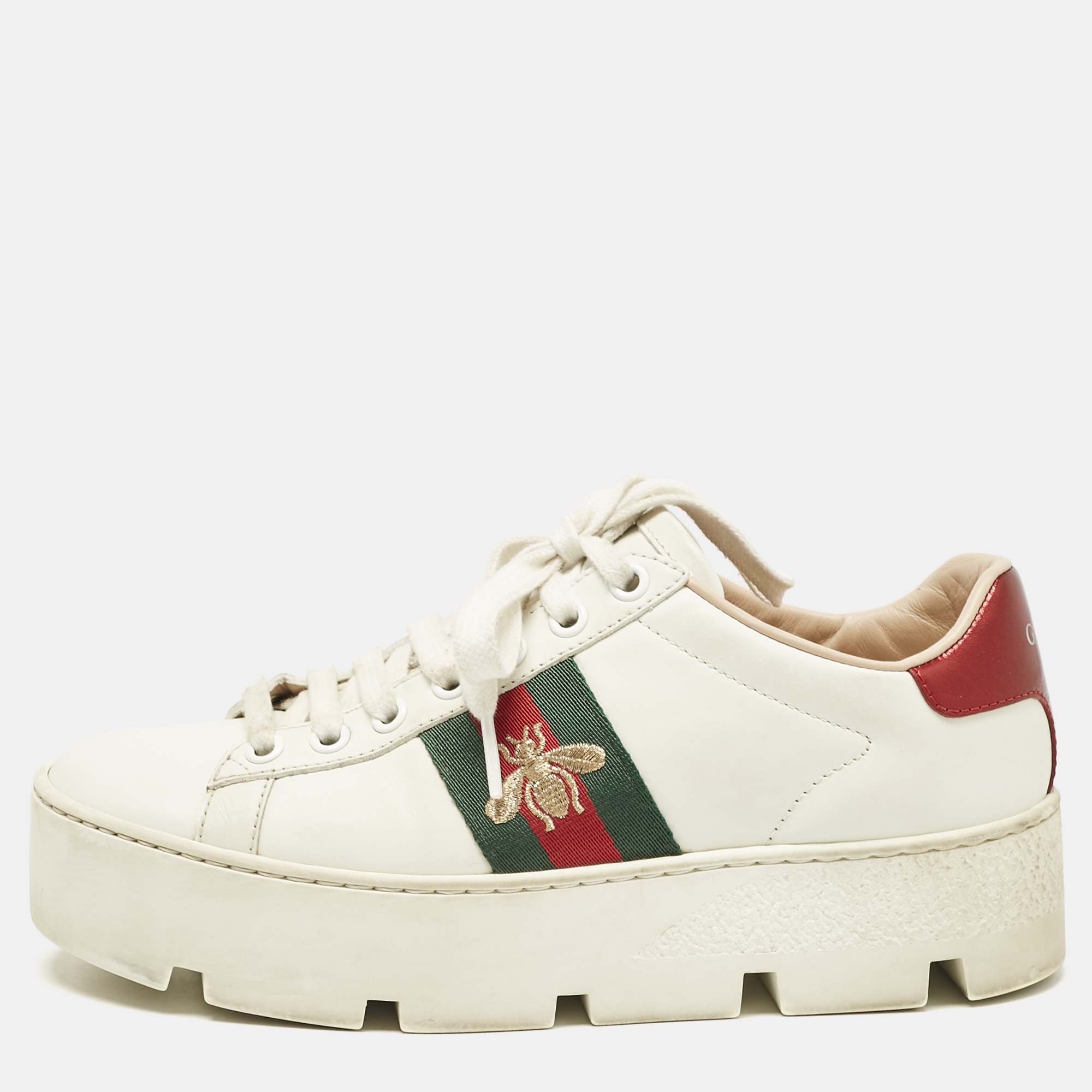 

Gucci White Leather Bee Embroidered Ace Platform Sneakers Size