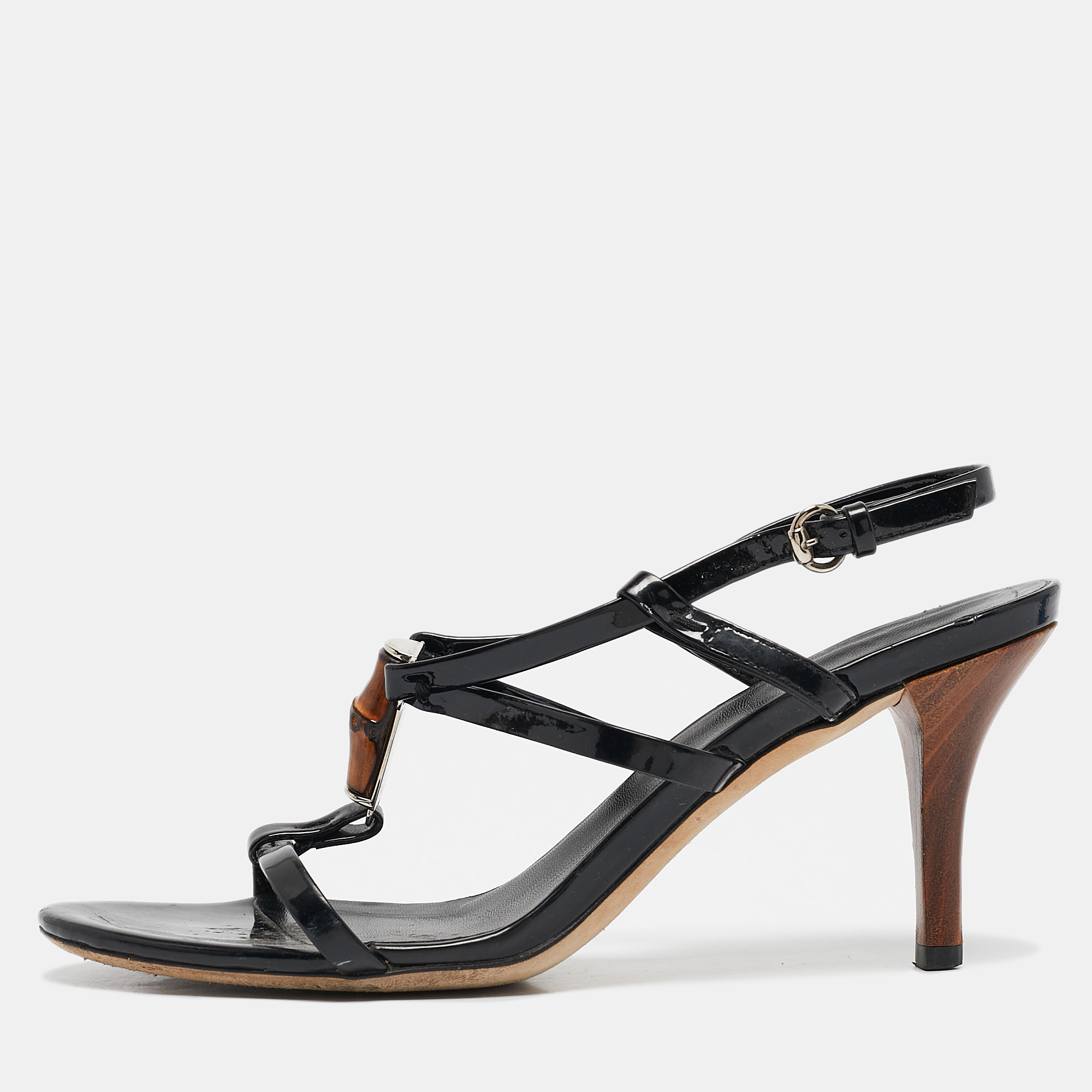 

Gucci Black Patent Leather Bamboo Ankle Strap Sandals Size