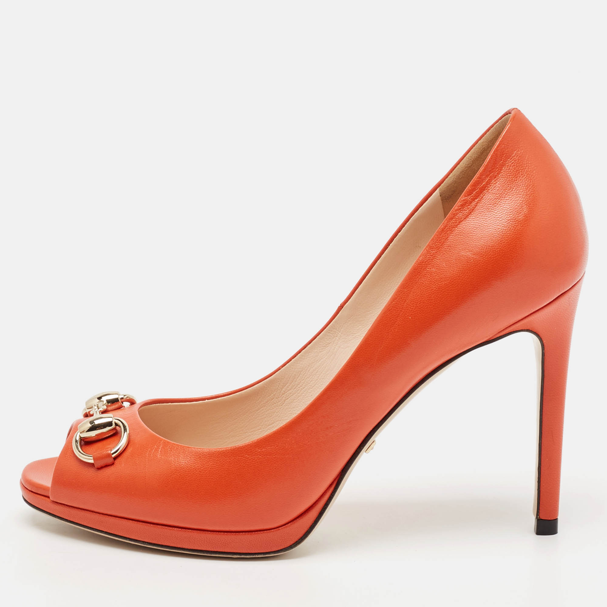 

Gucci Orange Leather Jolene Horsebit Peep Toe Pumps Size