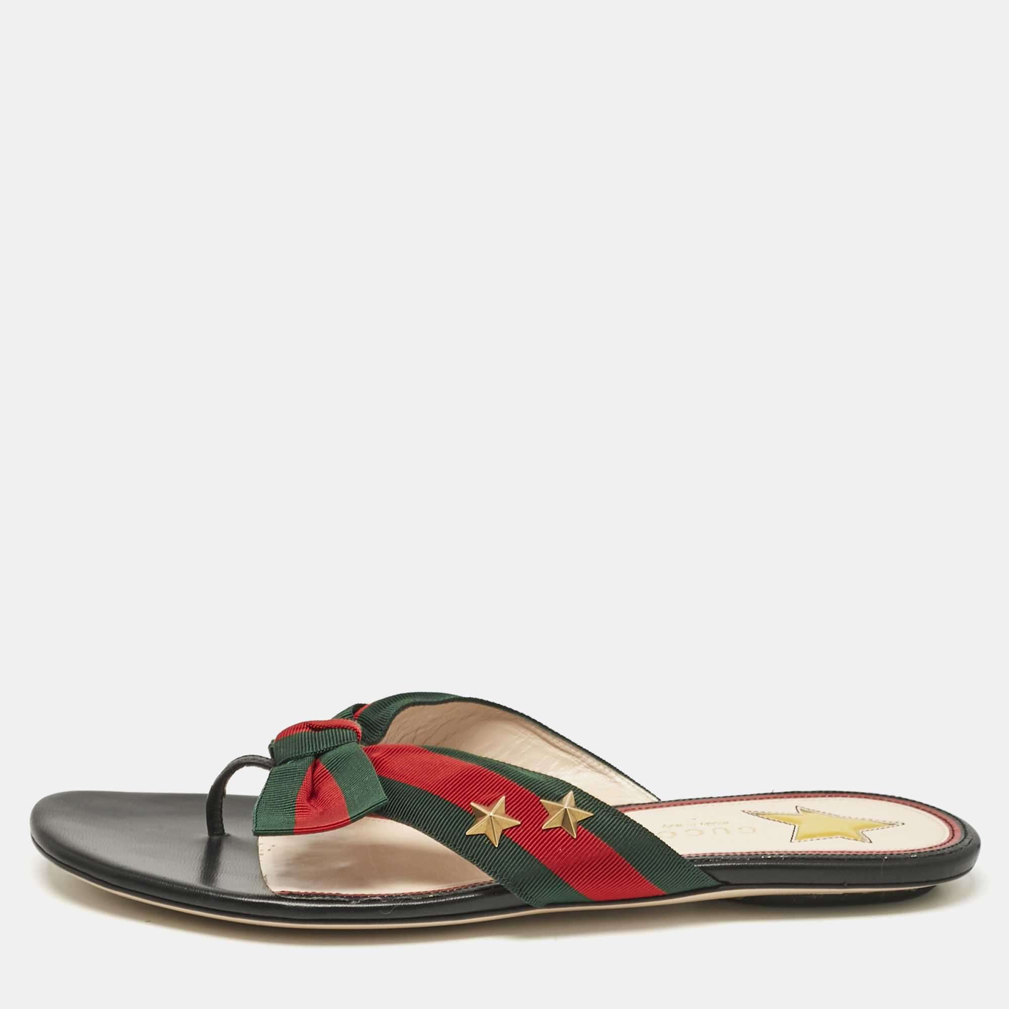 

Gucci Black Leather Cindi Web Bow Star Detail Flat Thong Sandals Size