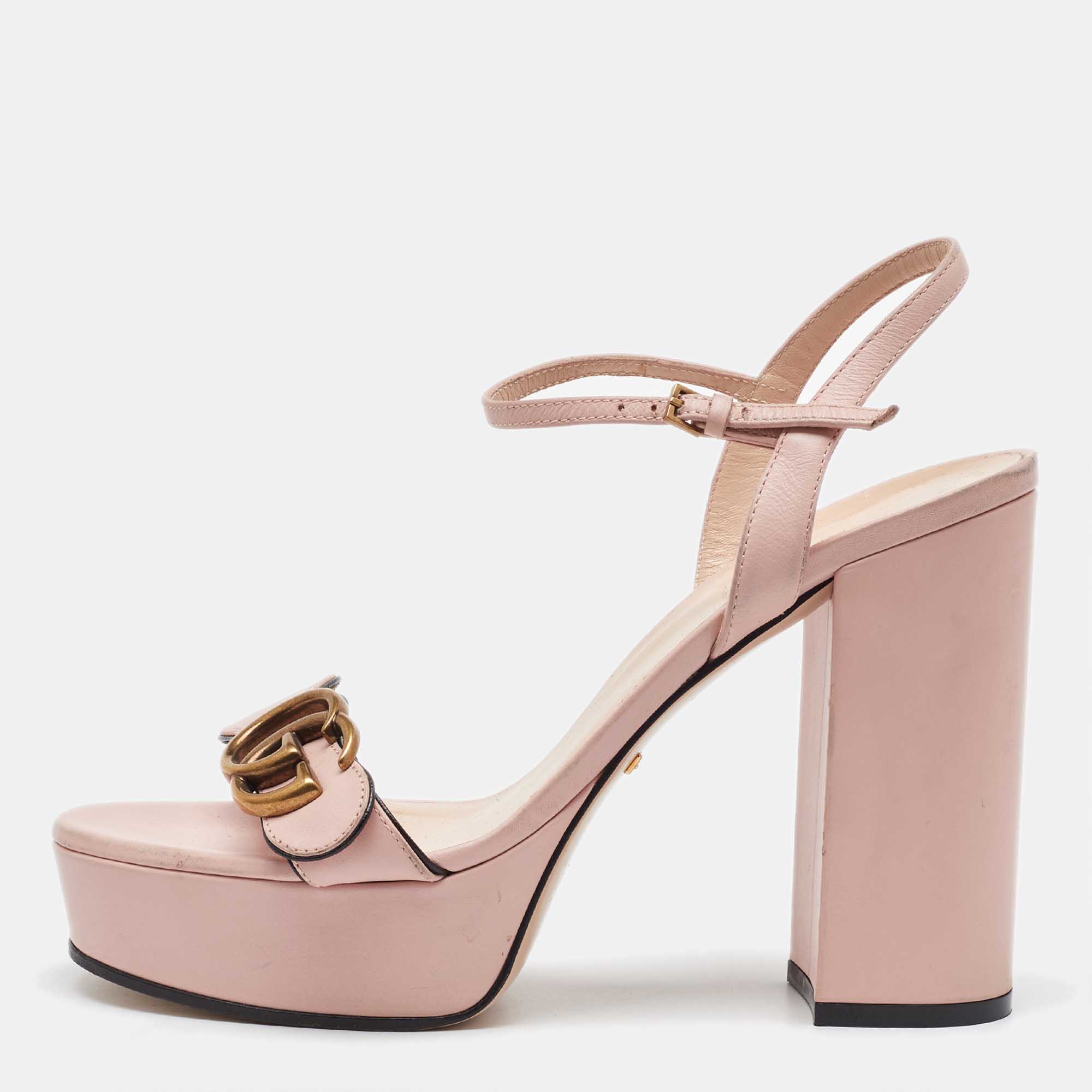 

Gucci Blush Pink Leather GG Marmont Ankle Strap Platform Sandals Size