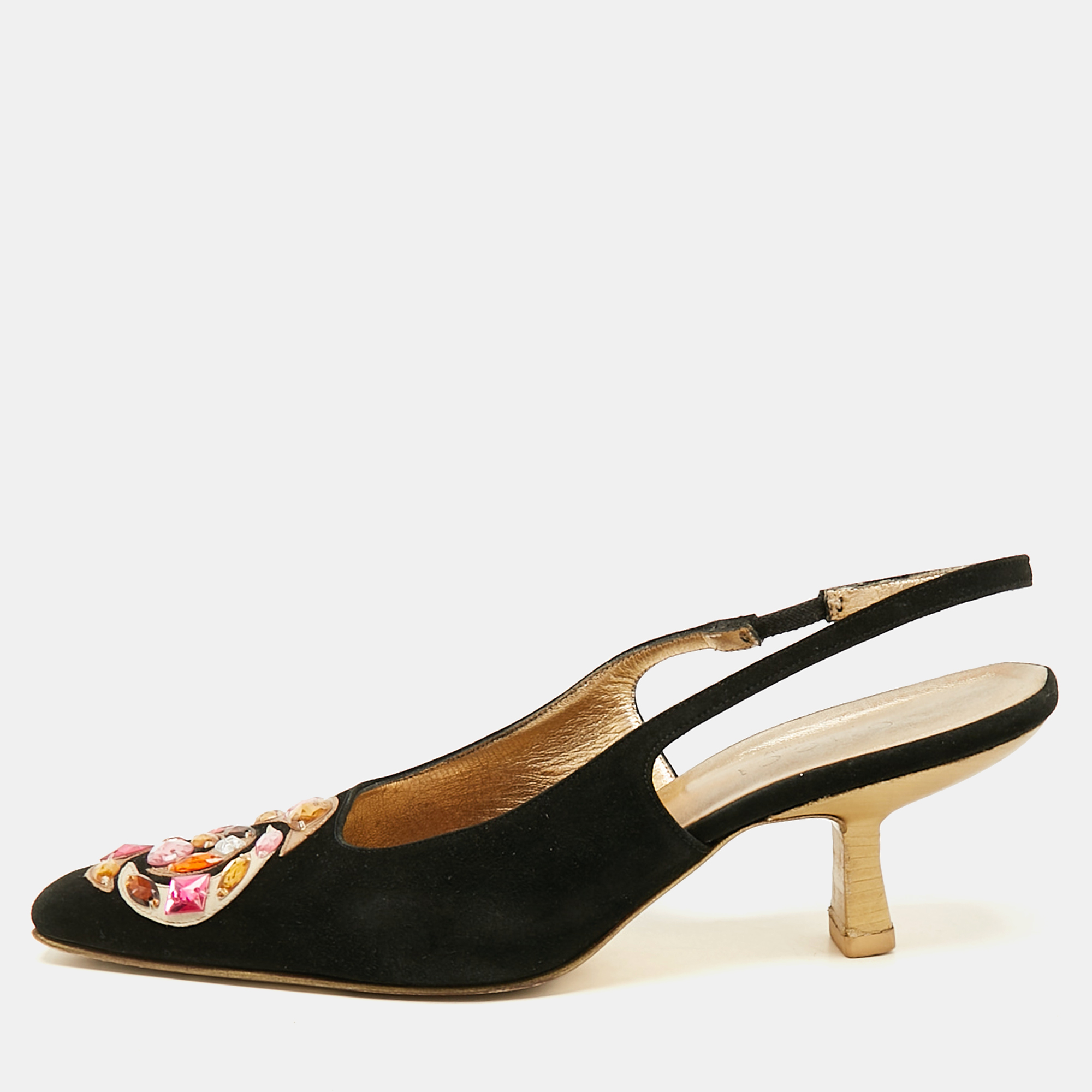 

Gucci Black Suede Crystal Embellished Pointed Toe Slingback Pumps Size