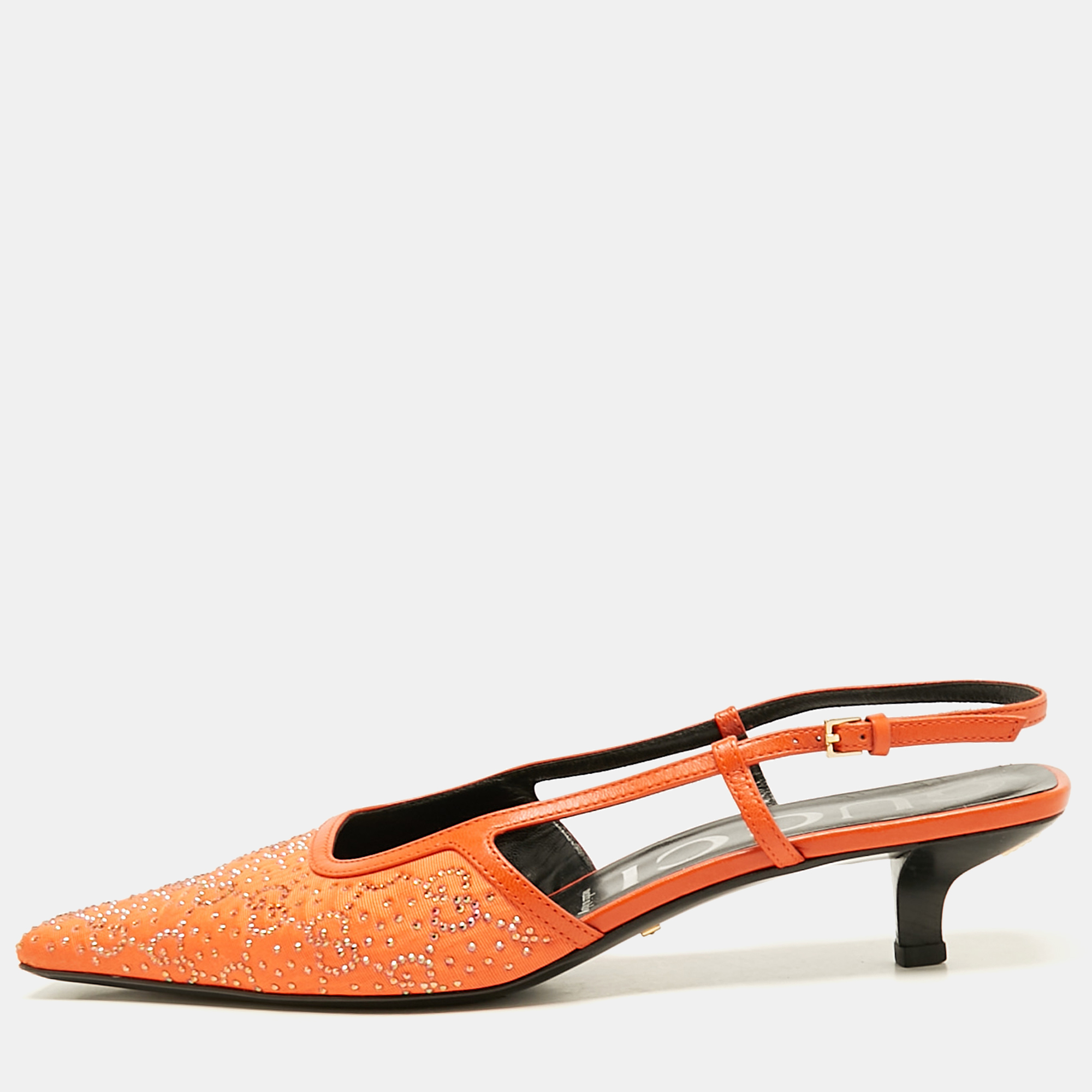 

Gucci Orange Canvas and Leather Crystal Embellished Slingback Pumps Size