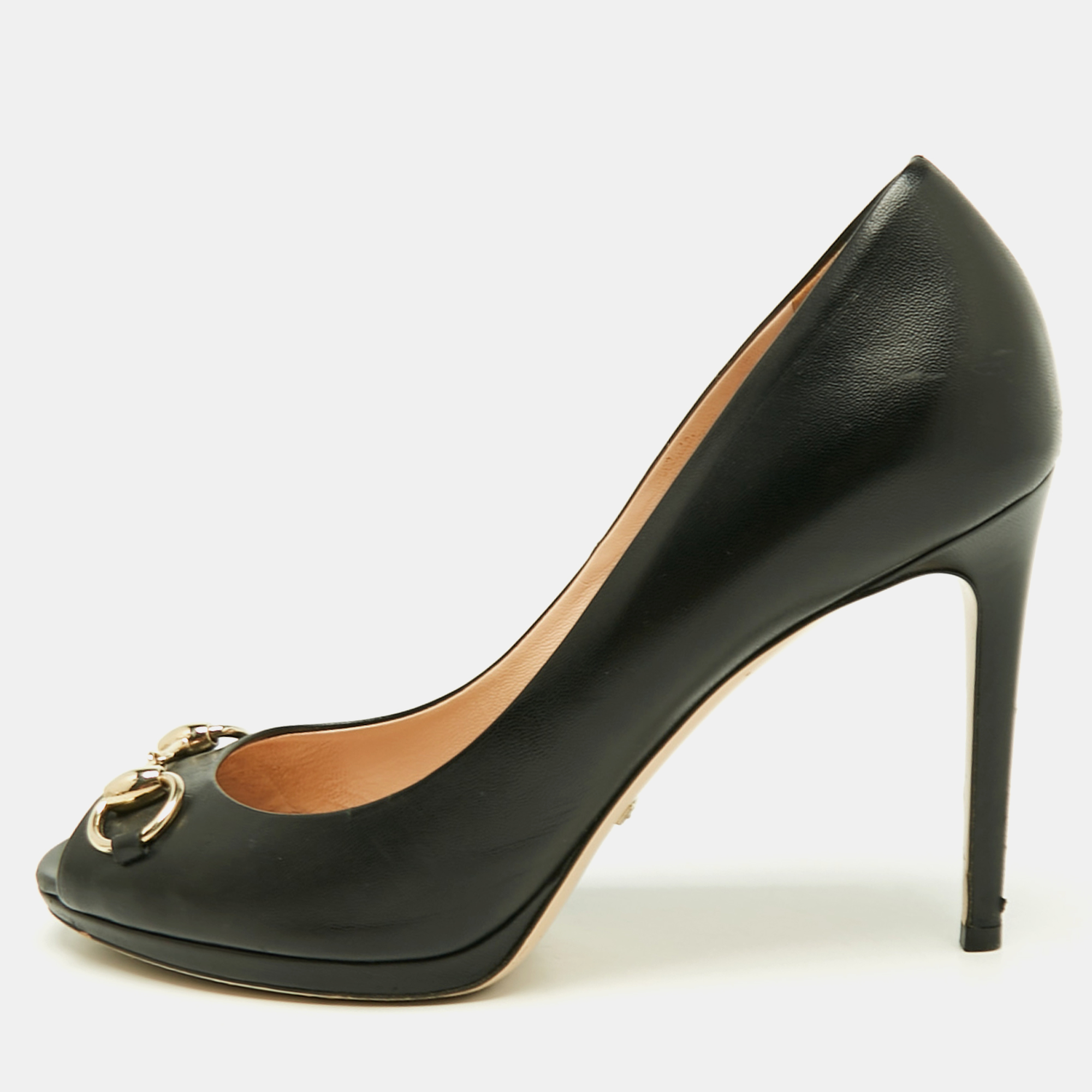 

Gucci Black Leather New Hollywood Horsebit Peep Toe Pumps Size