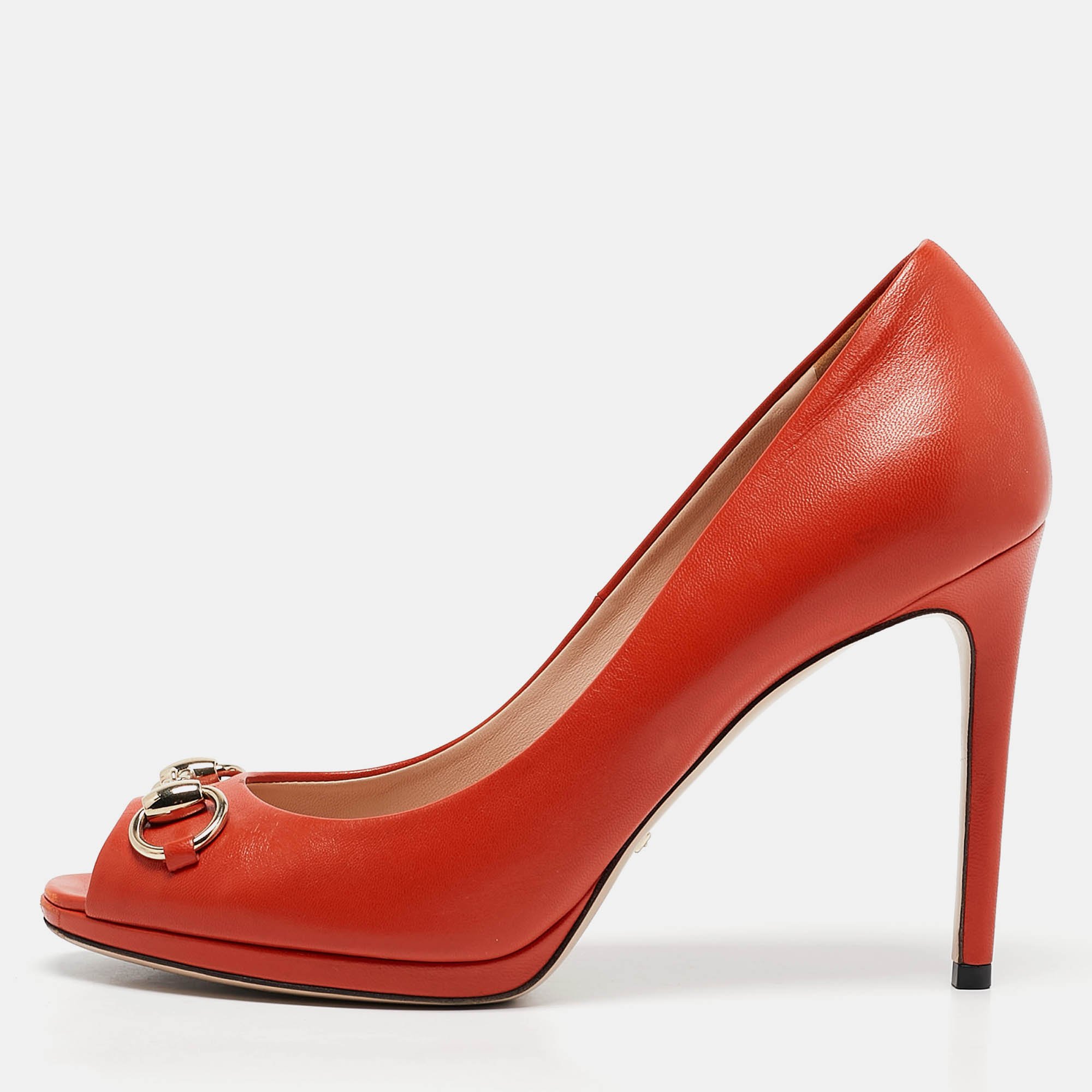 

Gucci Orange Leather Horsebit Peep Toe Pumps Size