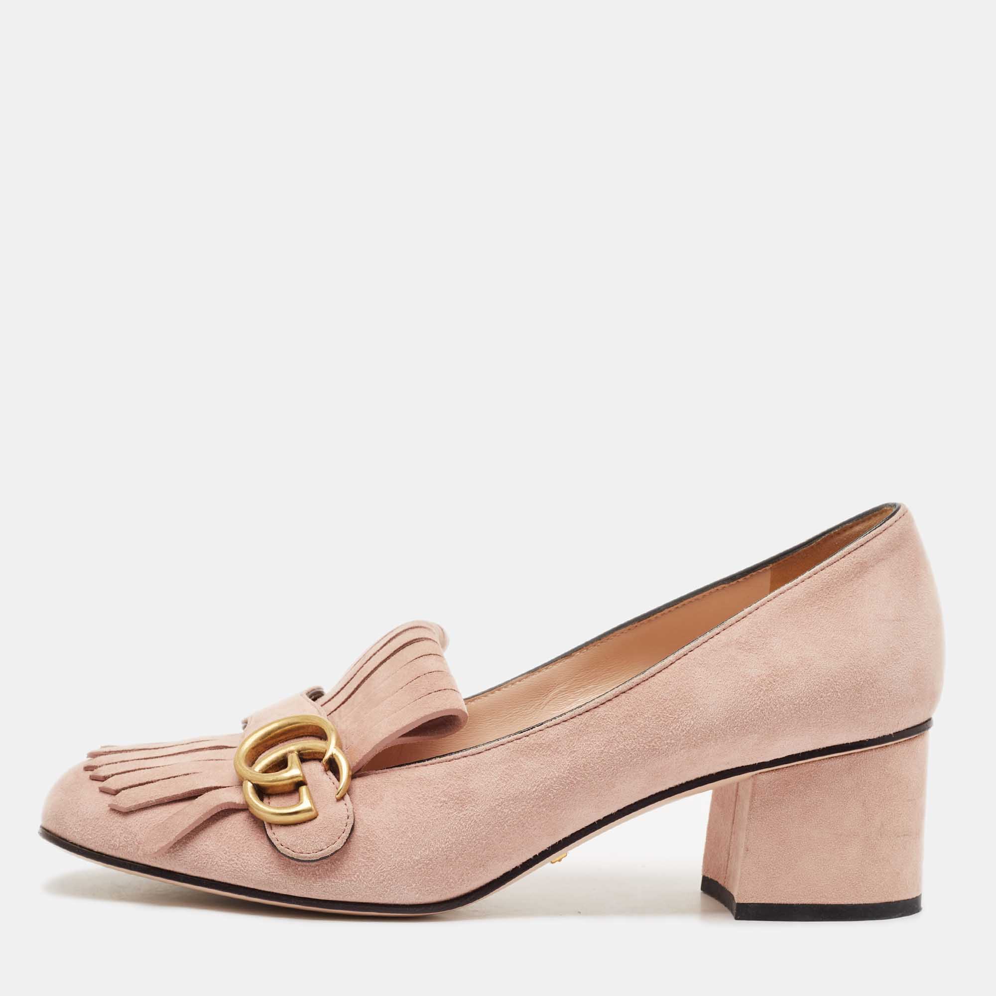 

Gucci Light Pink Suede GG Marmont Fringe Pumps Size