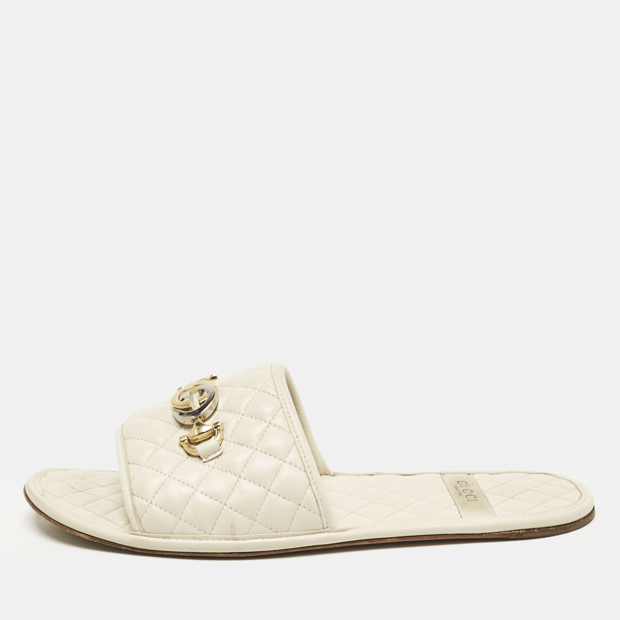 

Gucci Cream Leather GG Logo Flat Slides Size