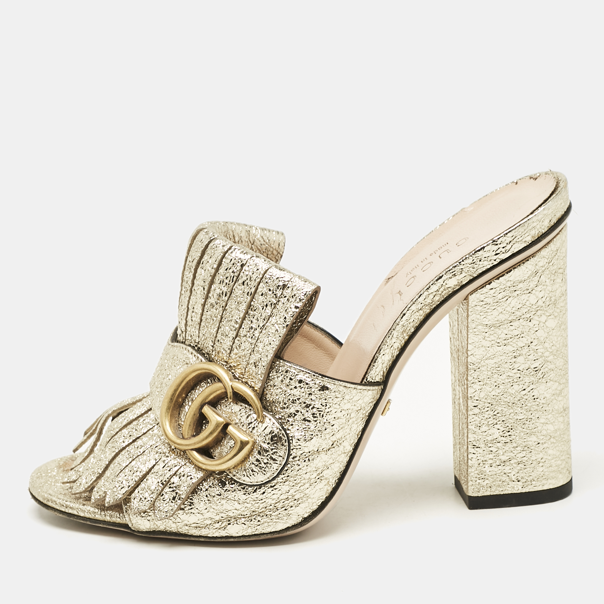 

Gucci Metallic Gold Leather Marmont GG Fringe Mule Sandals Size