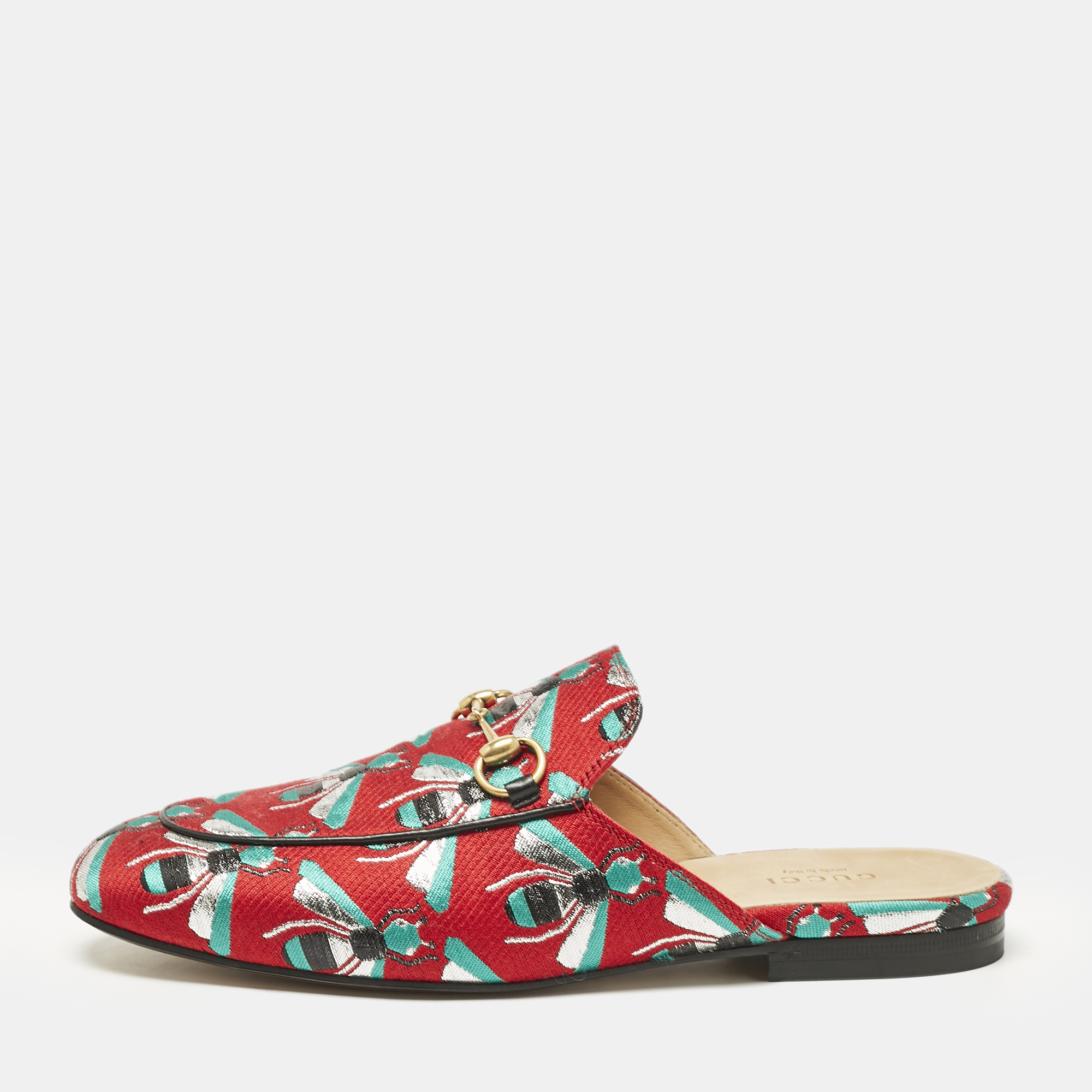 

Gucci Multicolor Canvas Bee Embroidered Princetown Mules Size, Red