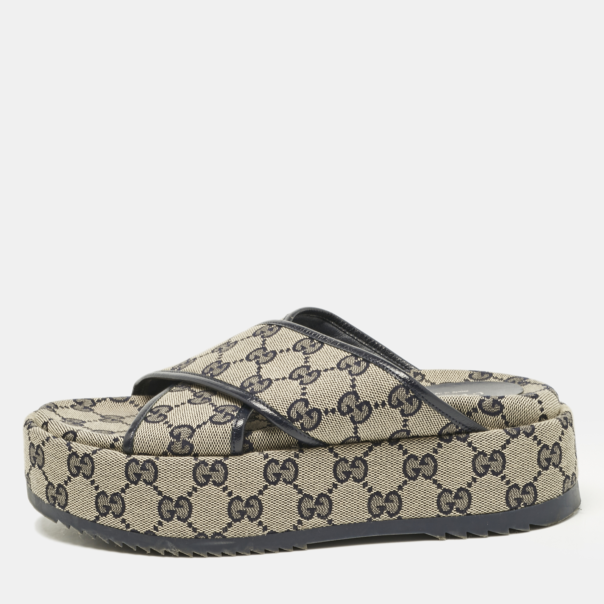 

Gucci Beige/Navy Blue GG Canvas Criss Cross Platform Slides Size