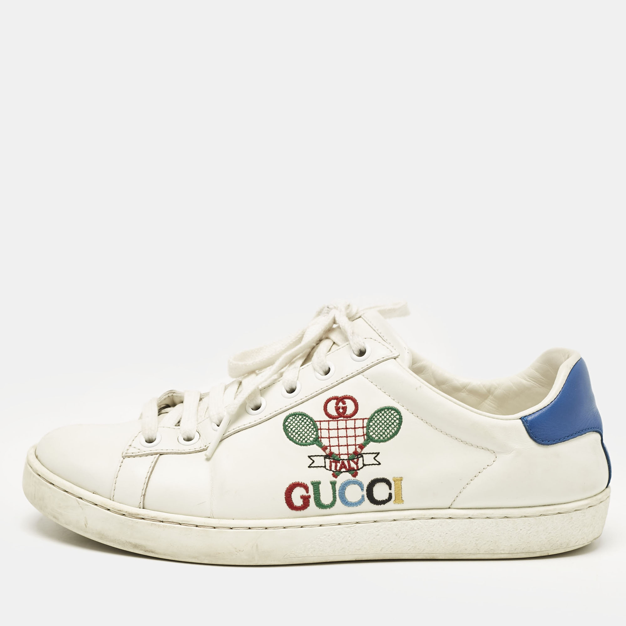 

Gucci White/Blue Leather Tennis Embroidered Low Top Sneakers Size