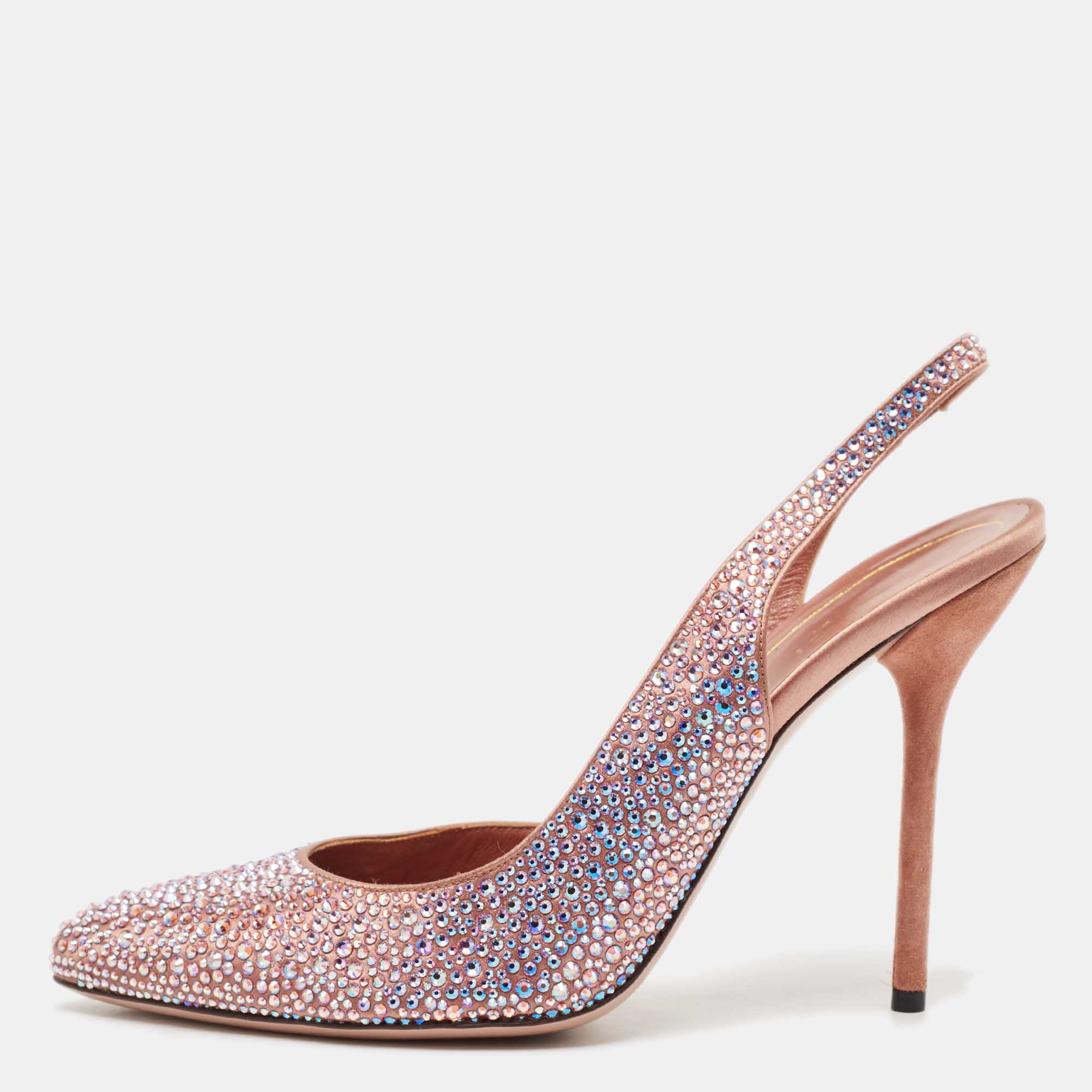 

Gucci Two Tone Satin Crystal Embellished Slingback Pumps Size, Beige