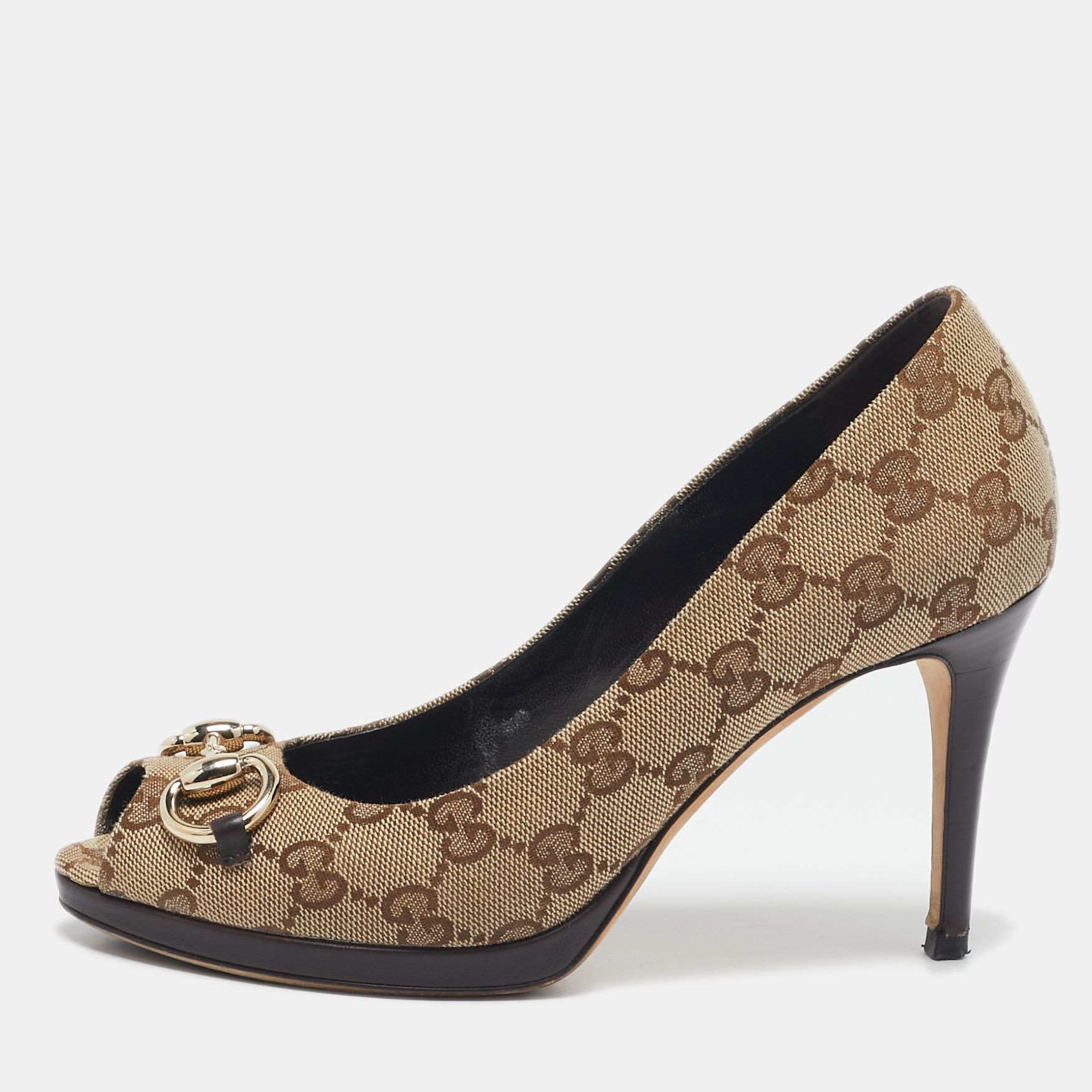 

Gucci Beige/Brown GG Canvas Hollywood Horsebit Peep Toe Pumps Size