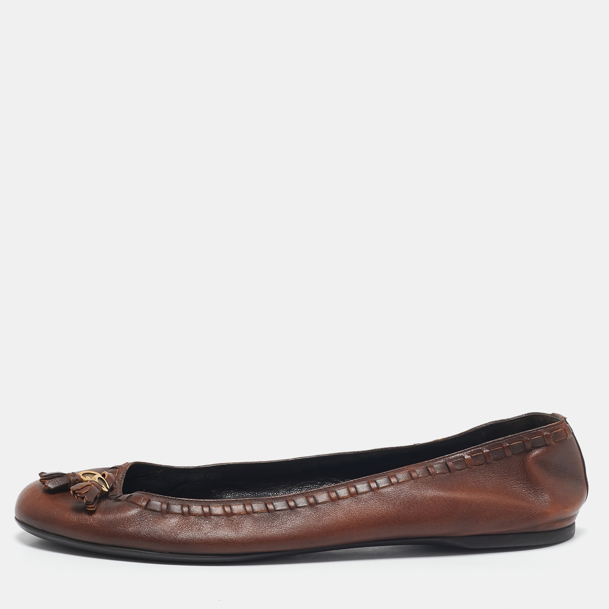 

Gucci Brown Leather Logo Tassel Ballet Flats Size