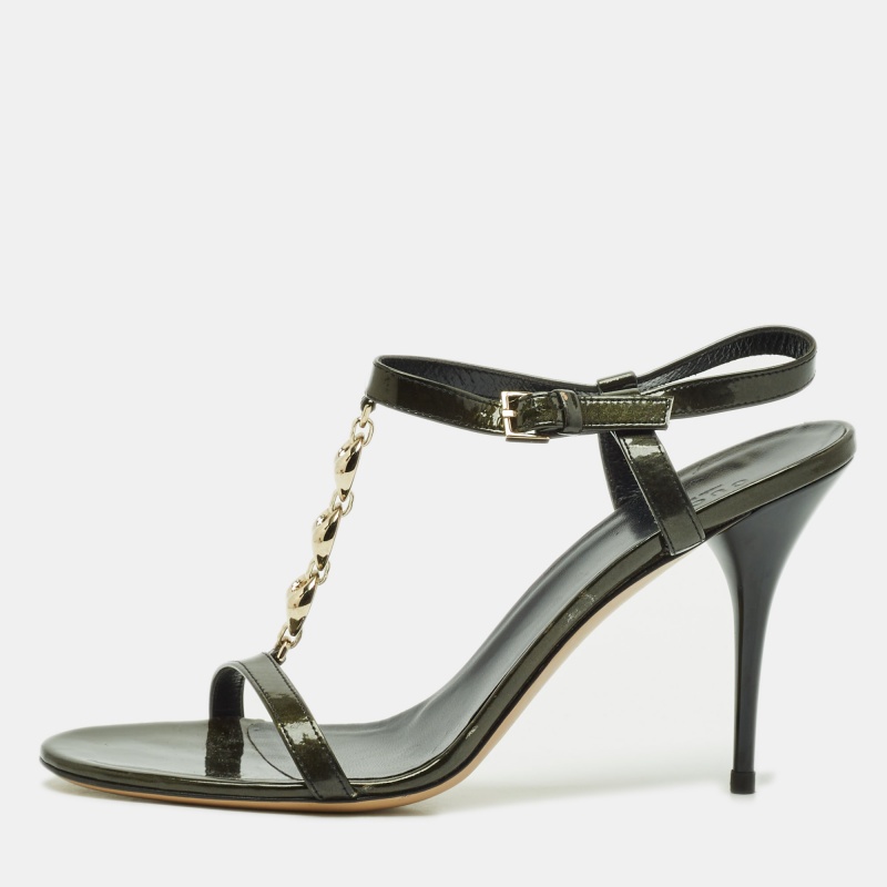 

Gucci Dark Green Patent Leather Metal T-Strap Sandals Size