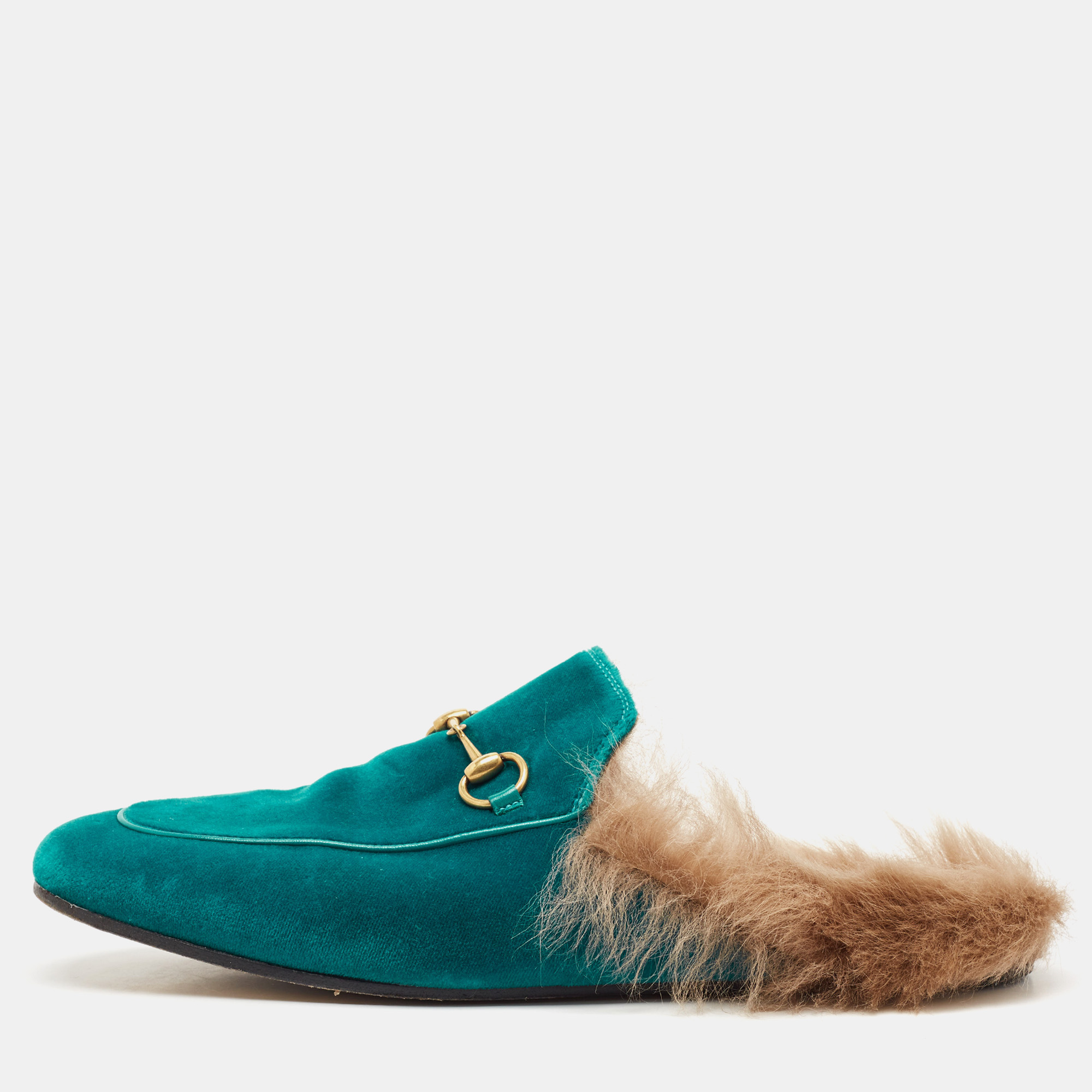 

Gucci Blue Velvet and Fur Horsebit Princetown Flat Mules Size