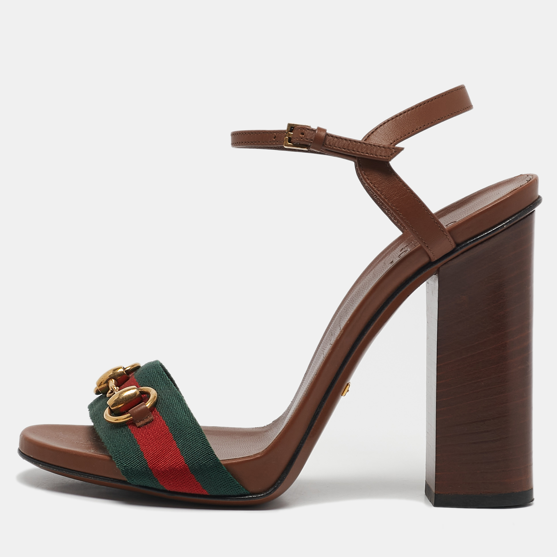 

Gucci Brown Leather Web Horsebit Ankle Strap Block Heel Sandals Size