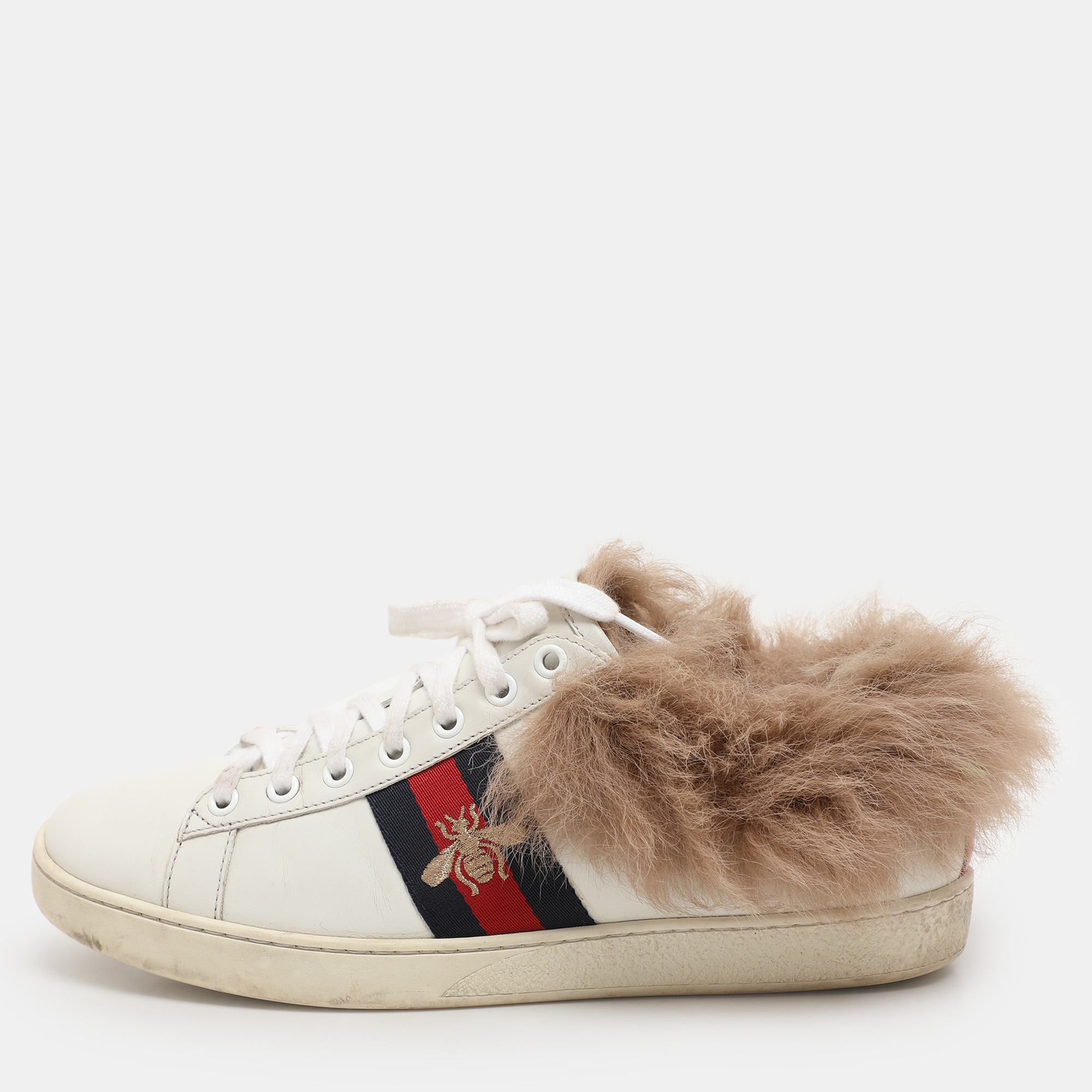 

Gucci White Leather Fur Lined Ace Low Top Sneakers Size